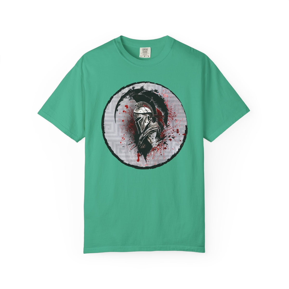 Spartan Warrior T-Shirt – Greek Helmet Circle Design Front & Spear Back | Warrior Graphic Tee