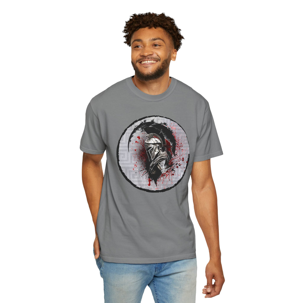 Spartan Warrior T-Shirt – Greek Helmet Circle Design Front & Spear Back | Warrior Graphic Tee