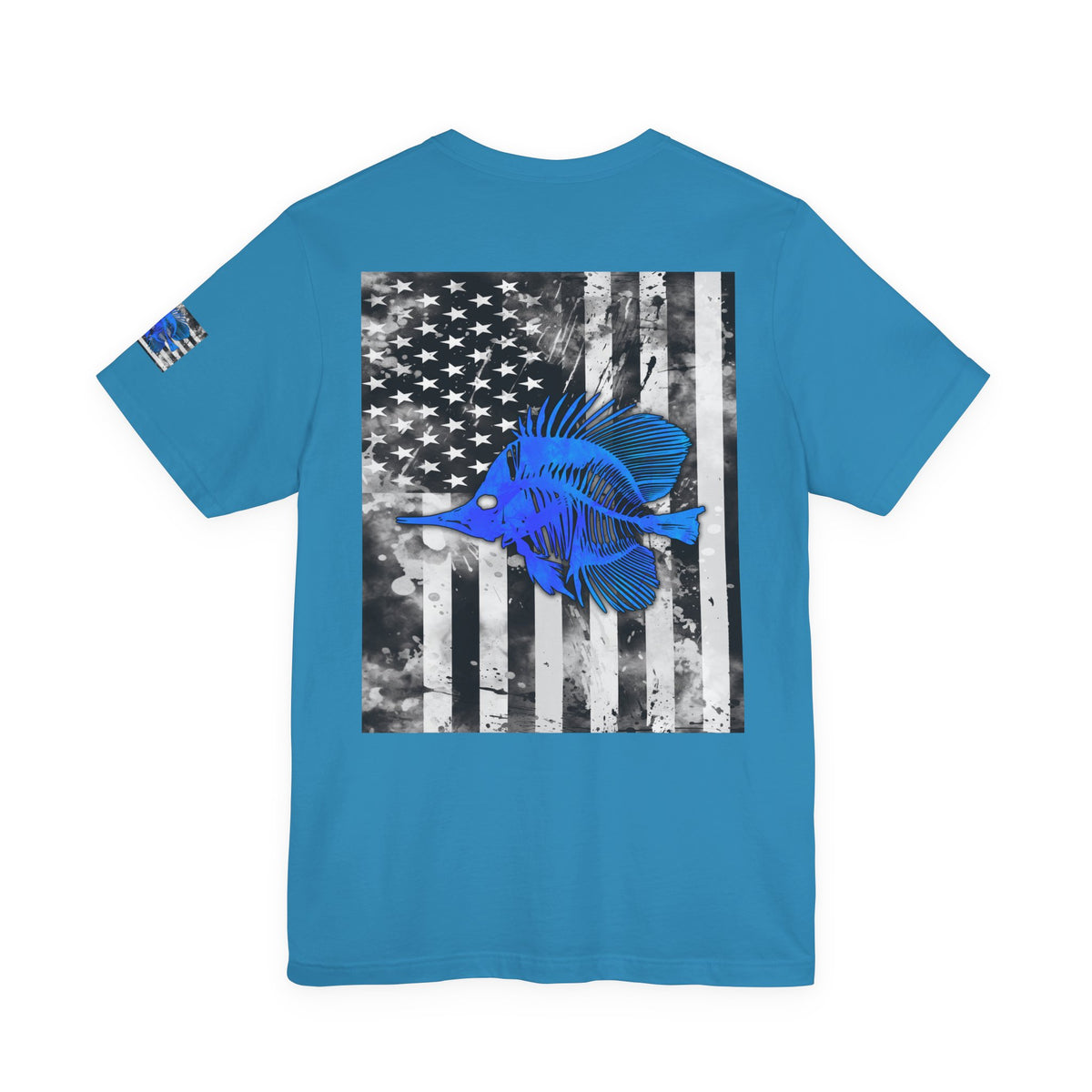 Blue Fish Skeleton Grunge American Flag Tee, Patriotic USA Shirt, Vintage American Flag