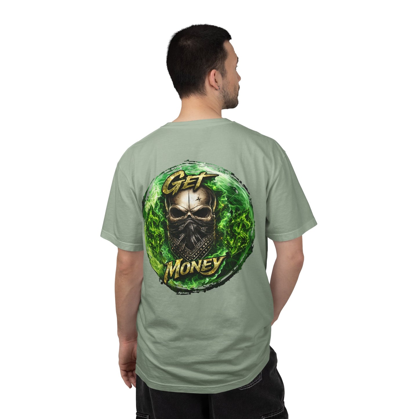 Get Money Skull Graphic Tee – Green Flame Dollar Sign Hustle Streetwear Shirt