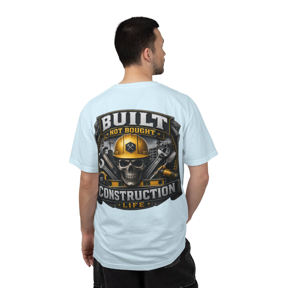 Construction Life T-Shirt — "Built Not Bought" Skull & Hard Hat Crew Tee
