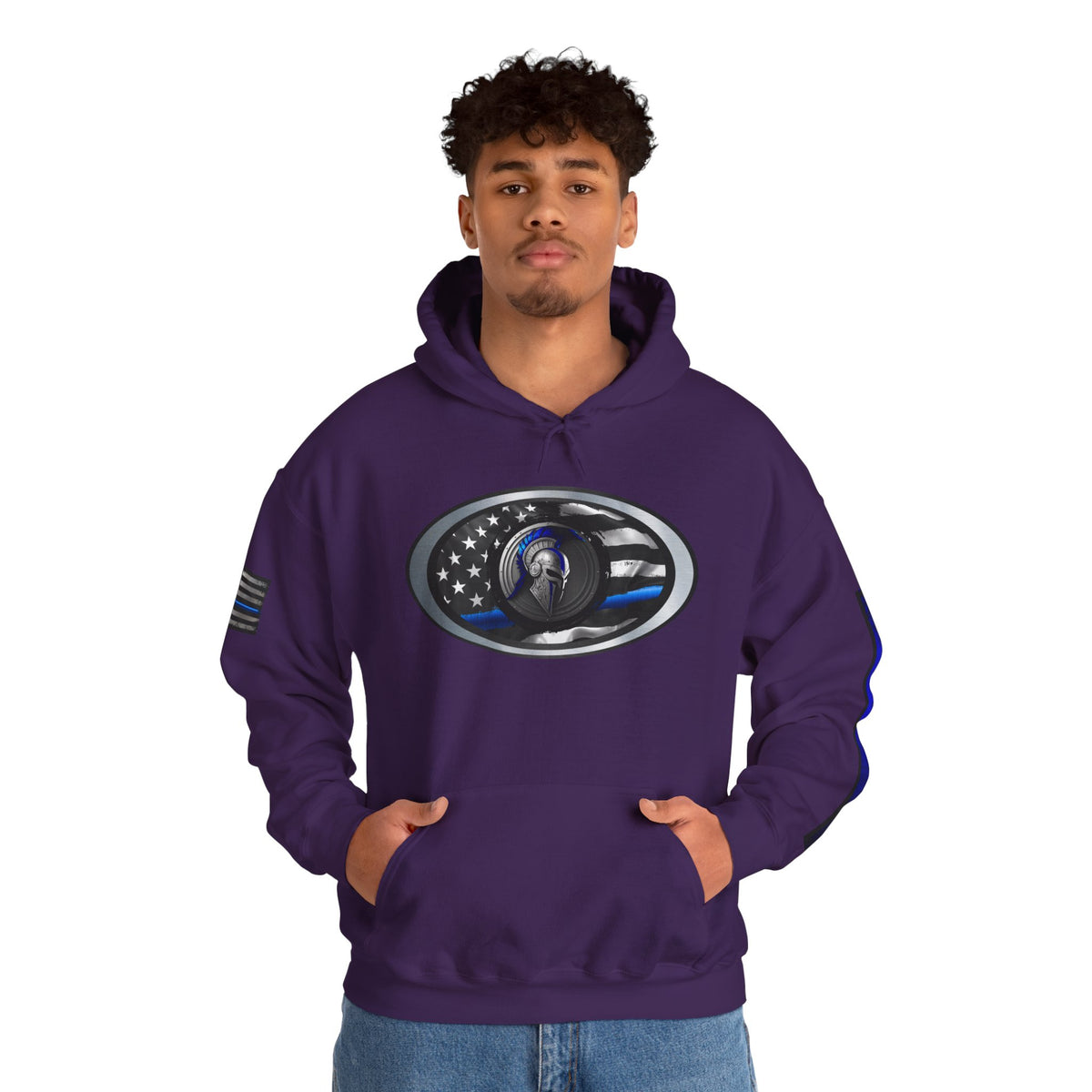 Spartan Thin Blue Line Flag Hoodie – Warrior Helmet Patriotic Sweatshirt for Police Supporters
