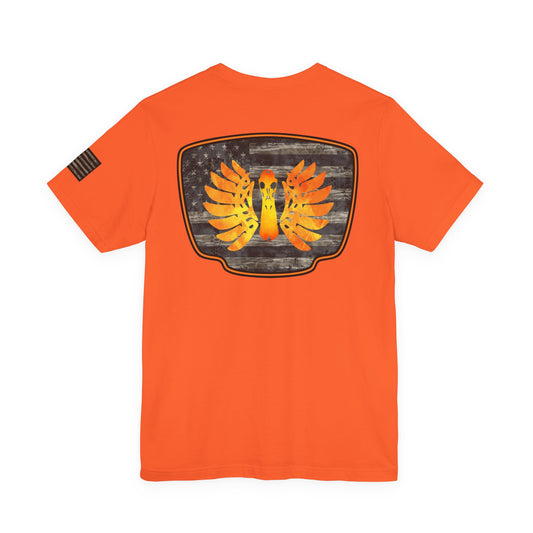 Duck Hunt Badge T-Shirt – Mossy Camo Print, Crossed Guns & Duck Skull Graphic