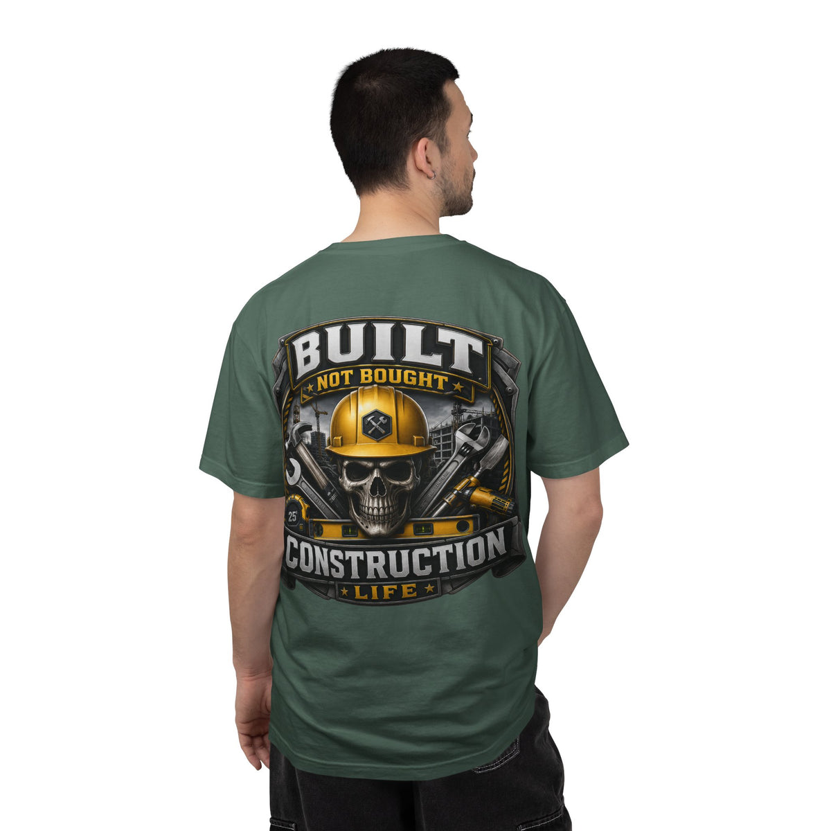 Construction Life T-Shirt — "Built Not Bought" Skull & Hard Hat Crew Tee