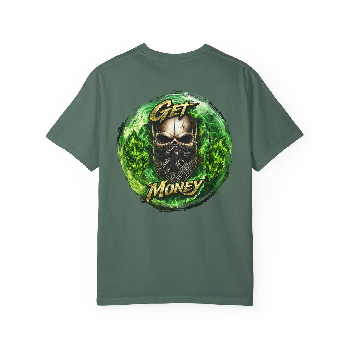 Get Money Skull Graphic Tee – Green Flame Dollar Sign Hustle Streetwear Shirt