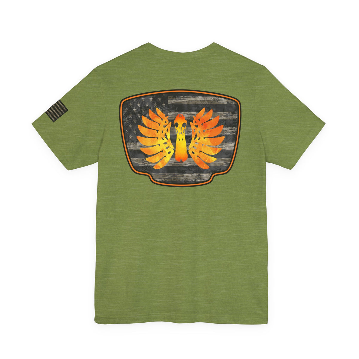 Duck Hunt Badge T-Shirt – Mossy Camo Print, Crossed Guns & Duck Skull Graphic