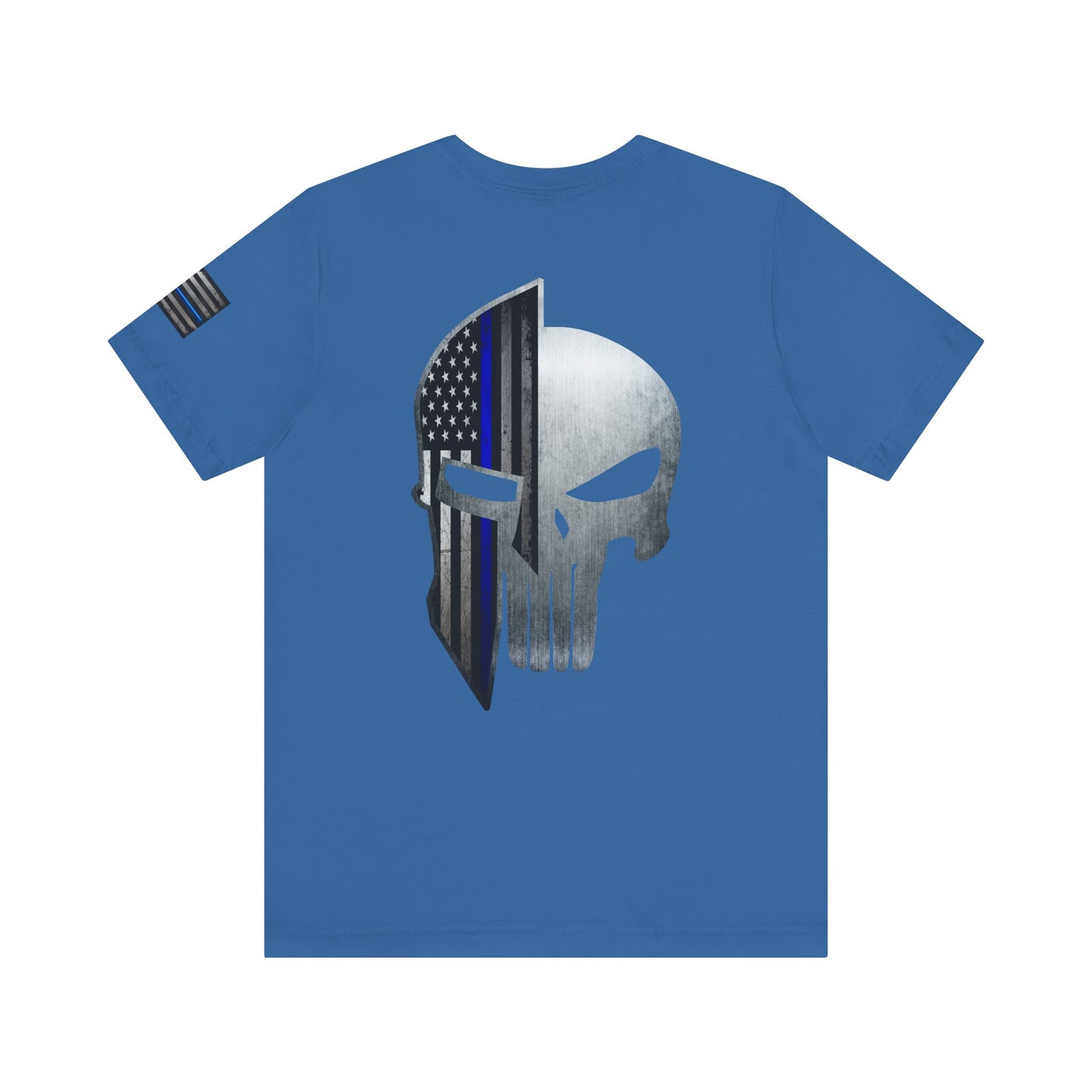 Grunge Metal Spartan Thin Blue Line American Flag T-Shirt – Honor & Valor Police Tribute Tee