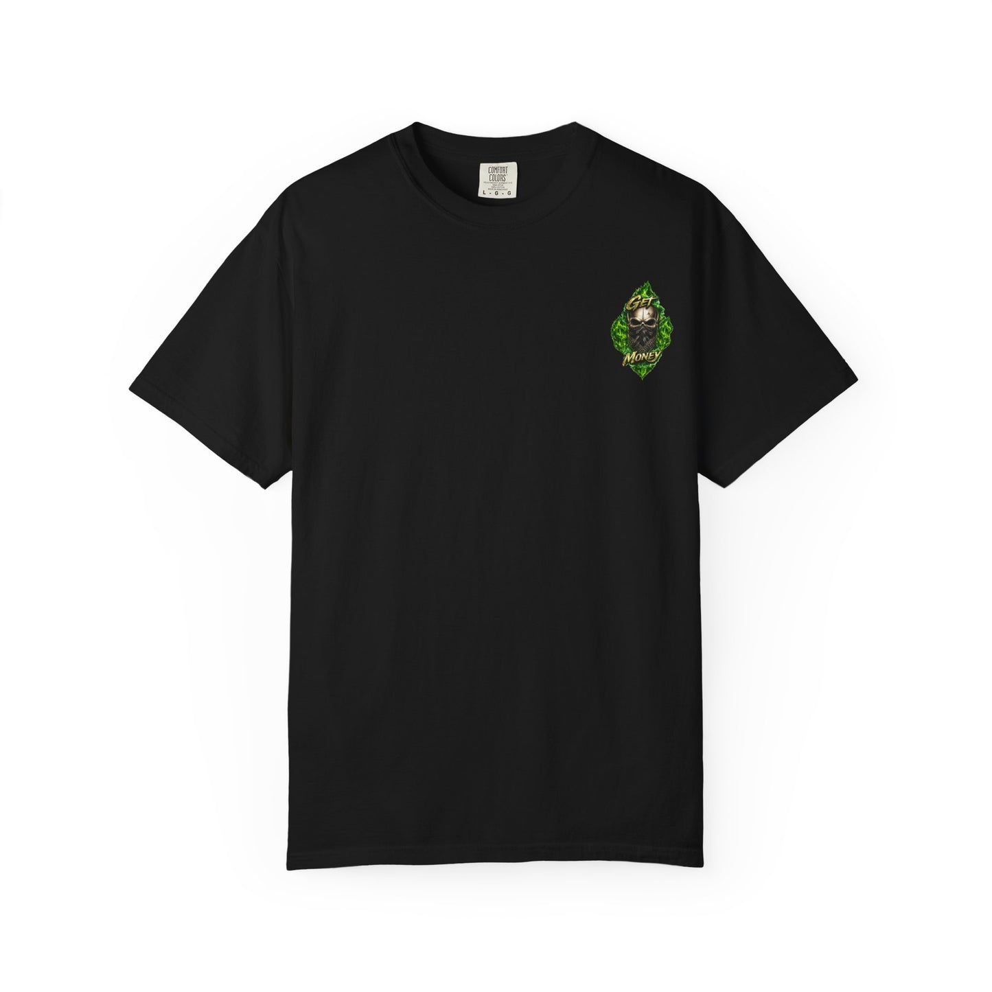 Get Money Skull Graphic Tee – Green Flame Dollar Sign Hustle Streetwear Shirt