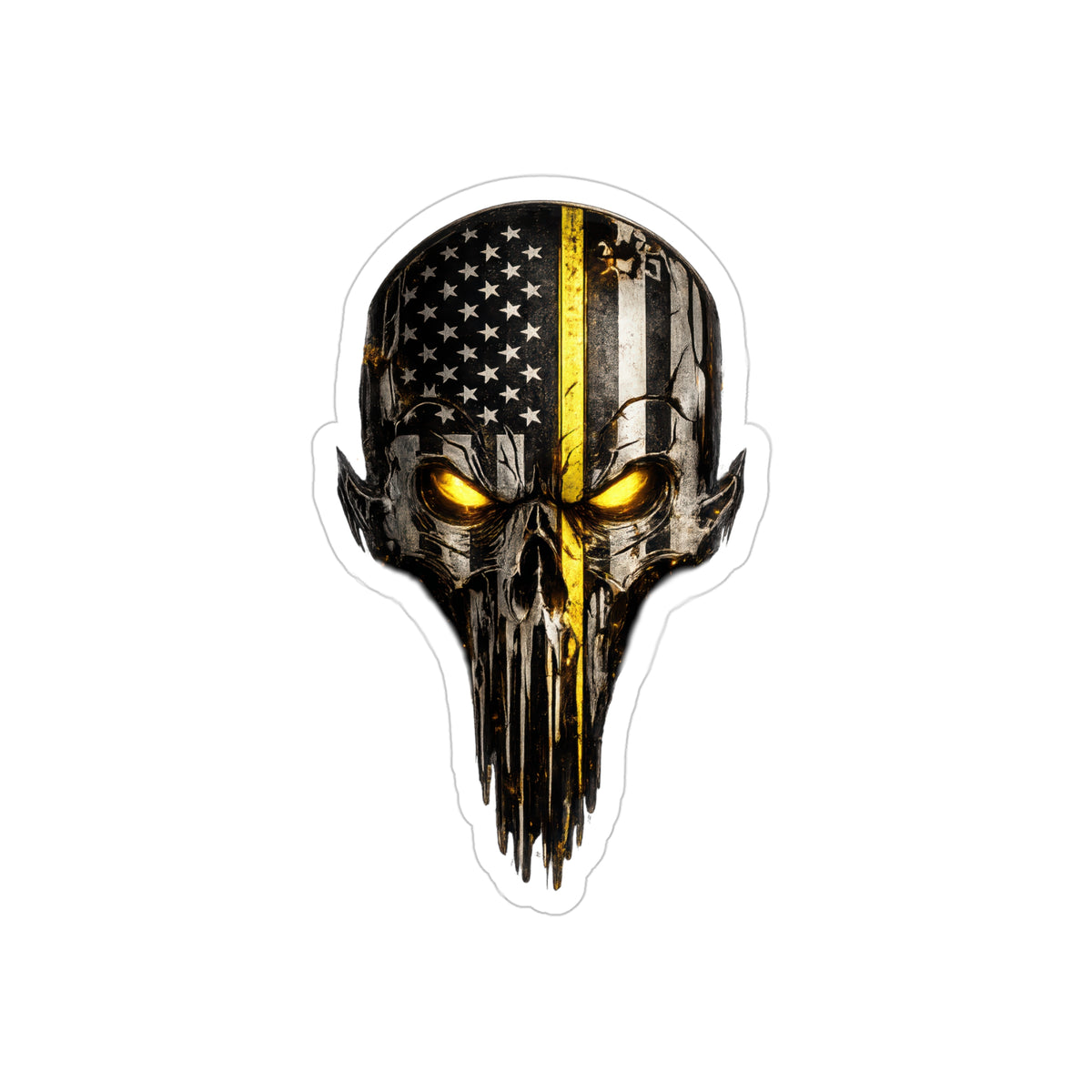 Thin Yellow Line Skull Sticker | Distressed American Flag Dispatcher Decal | 911 Dispatcher Skull Art | Transparent Vinyl First Responder Sticker