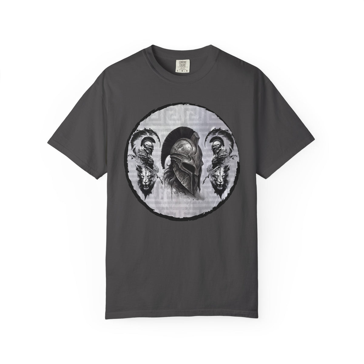 Spartan Warrior T-Shirt – Greek Helmet Circle Design Front & Spear Back | Warrior Graphic Tee