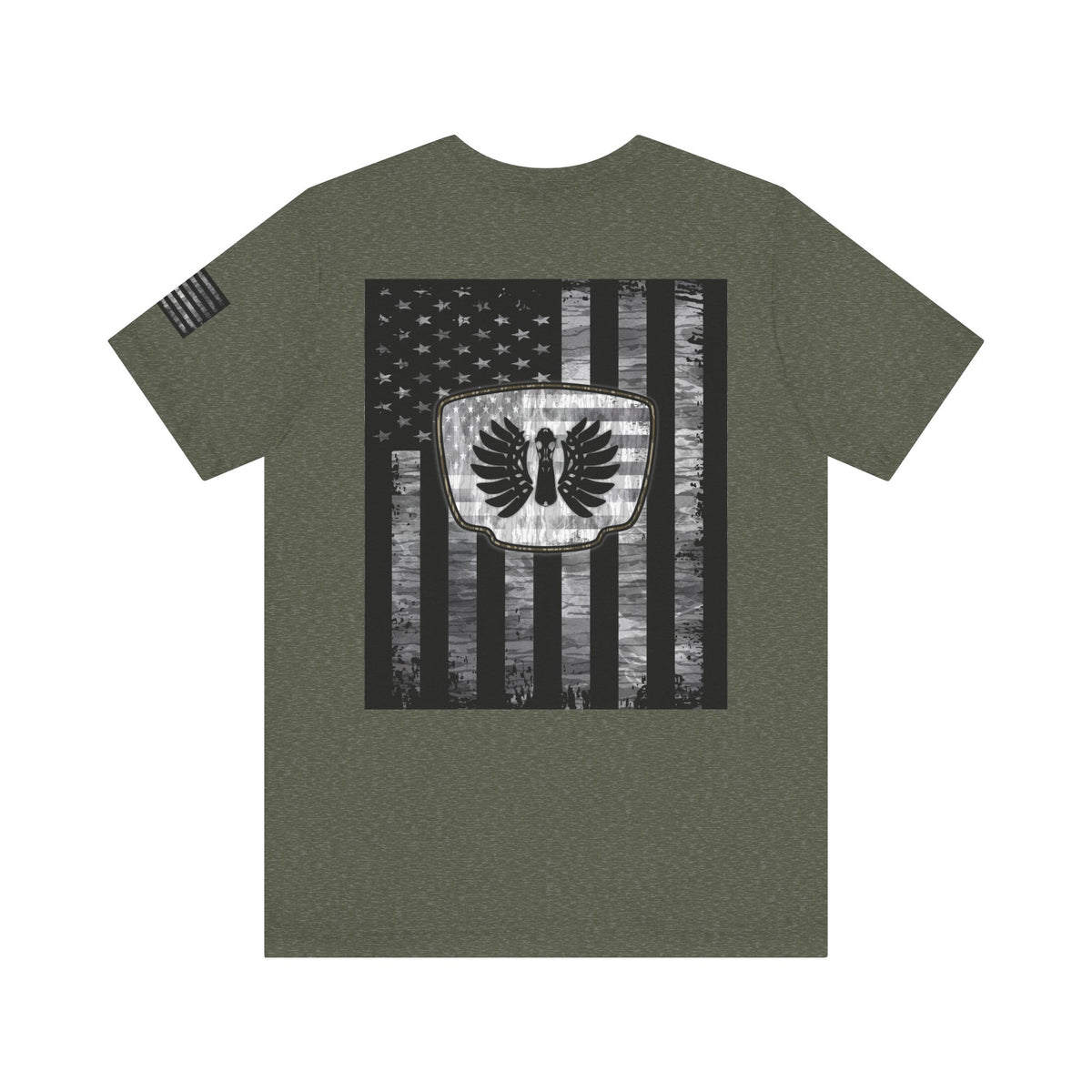 Duck Hunting American Flag Badge T-Shirt – Mossy Camo Print, Crossed Guns & Duck Skull Graphic