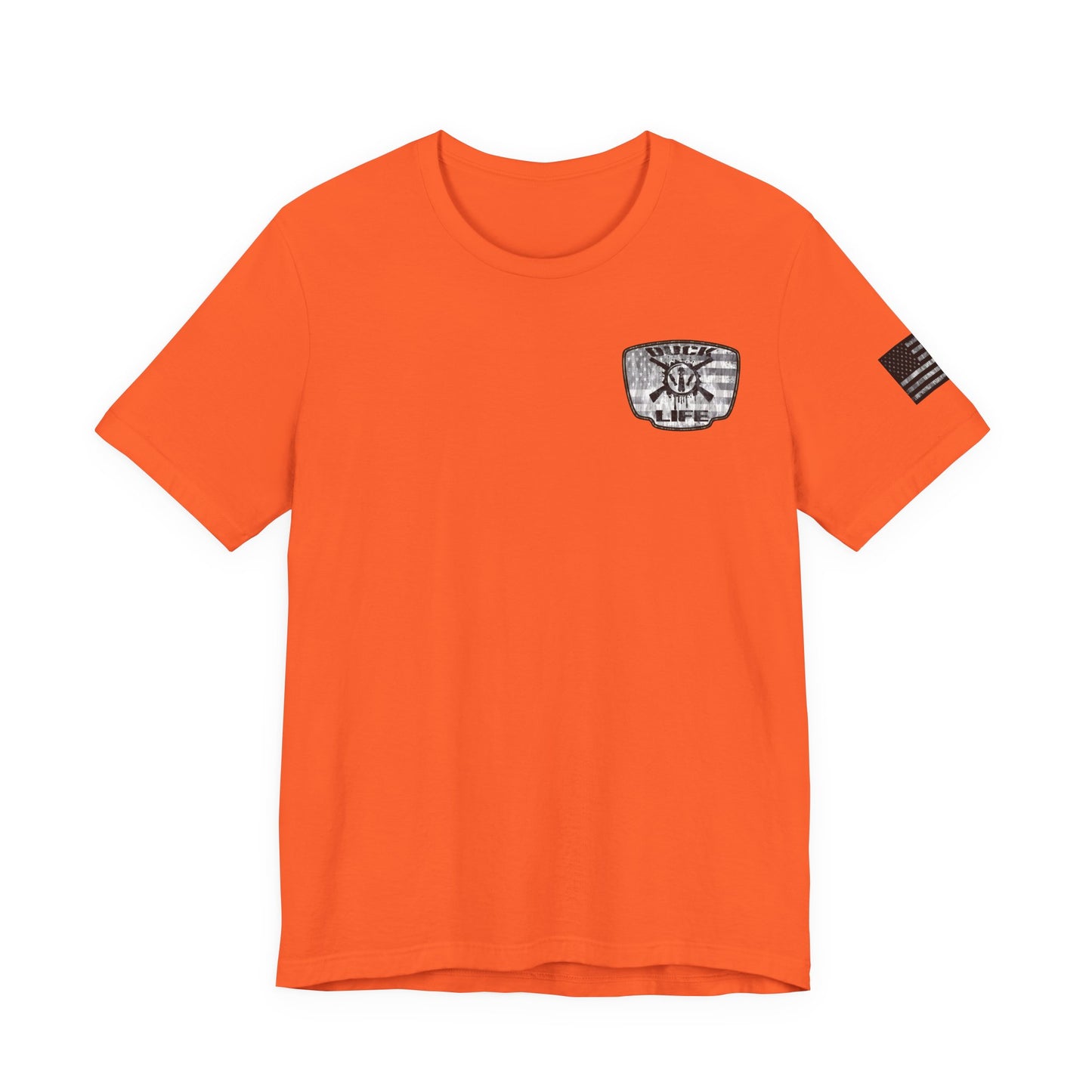 White American Flag Duck Hunting Badge T-Shirt – Mossy Camo Print, Crossed Guns & Duck Skull Graphic