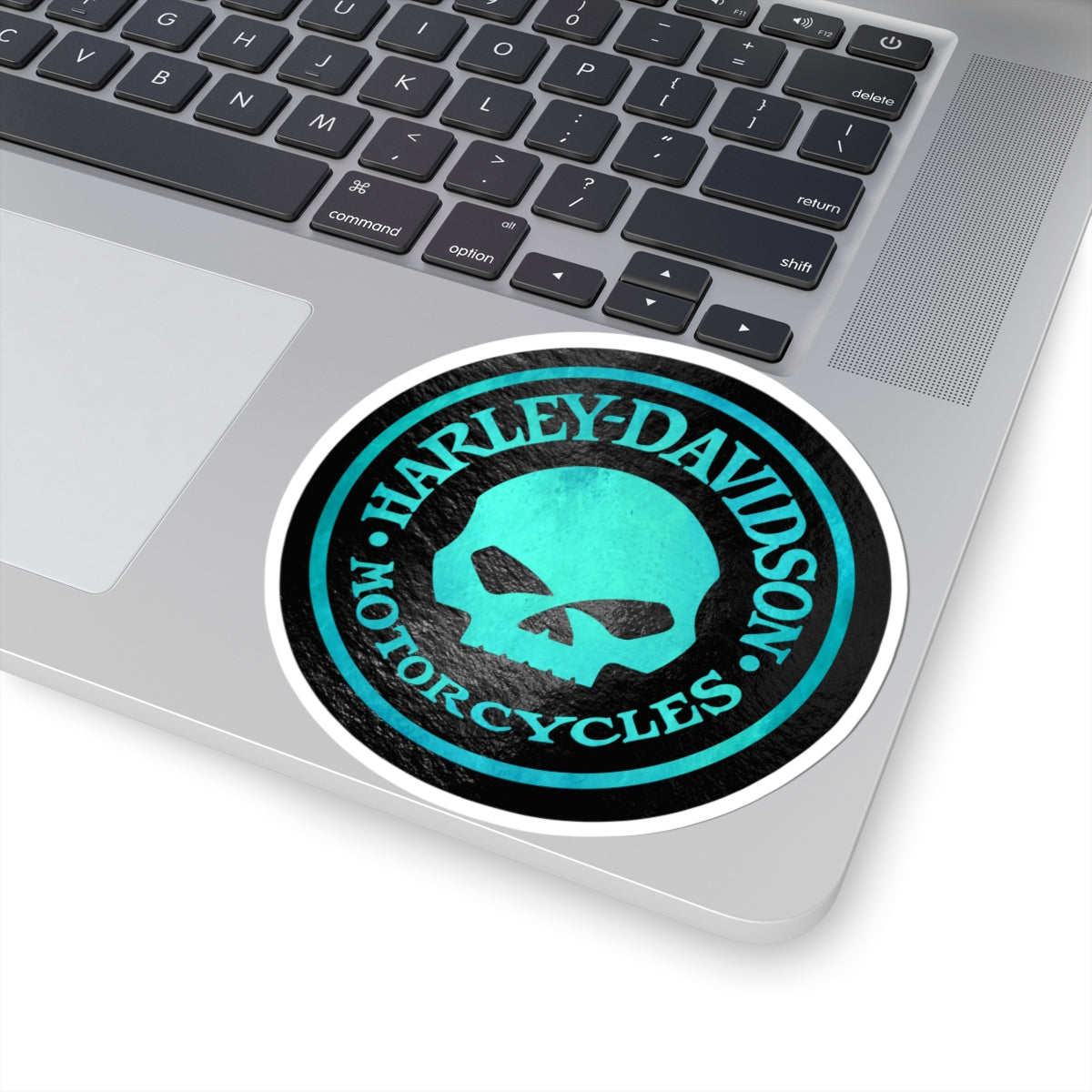 Harley Skull Biker Emblem | Bold Teal Motorcycle Graphic for Decals, Shirts, or Garage Art, ArtKiss-Cut Stickers