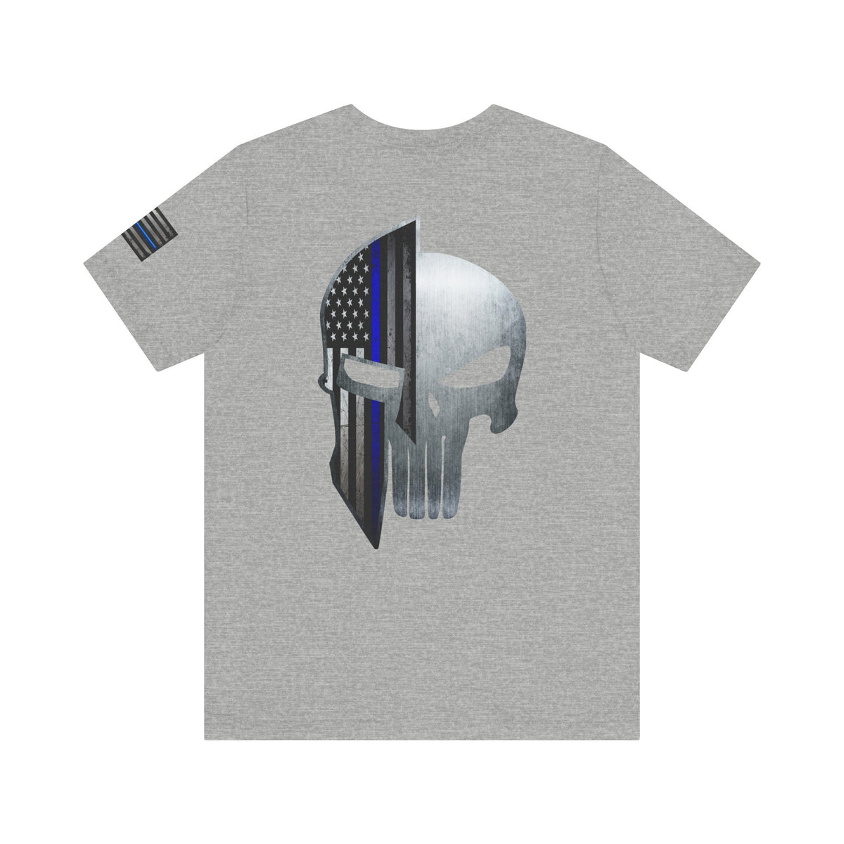Grunge Metal Spartan Thin Blue Line American Flag T-Shirt – Honor & Valor Police Tribute Tee