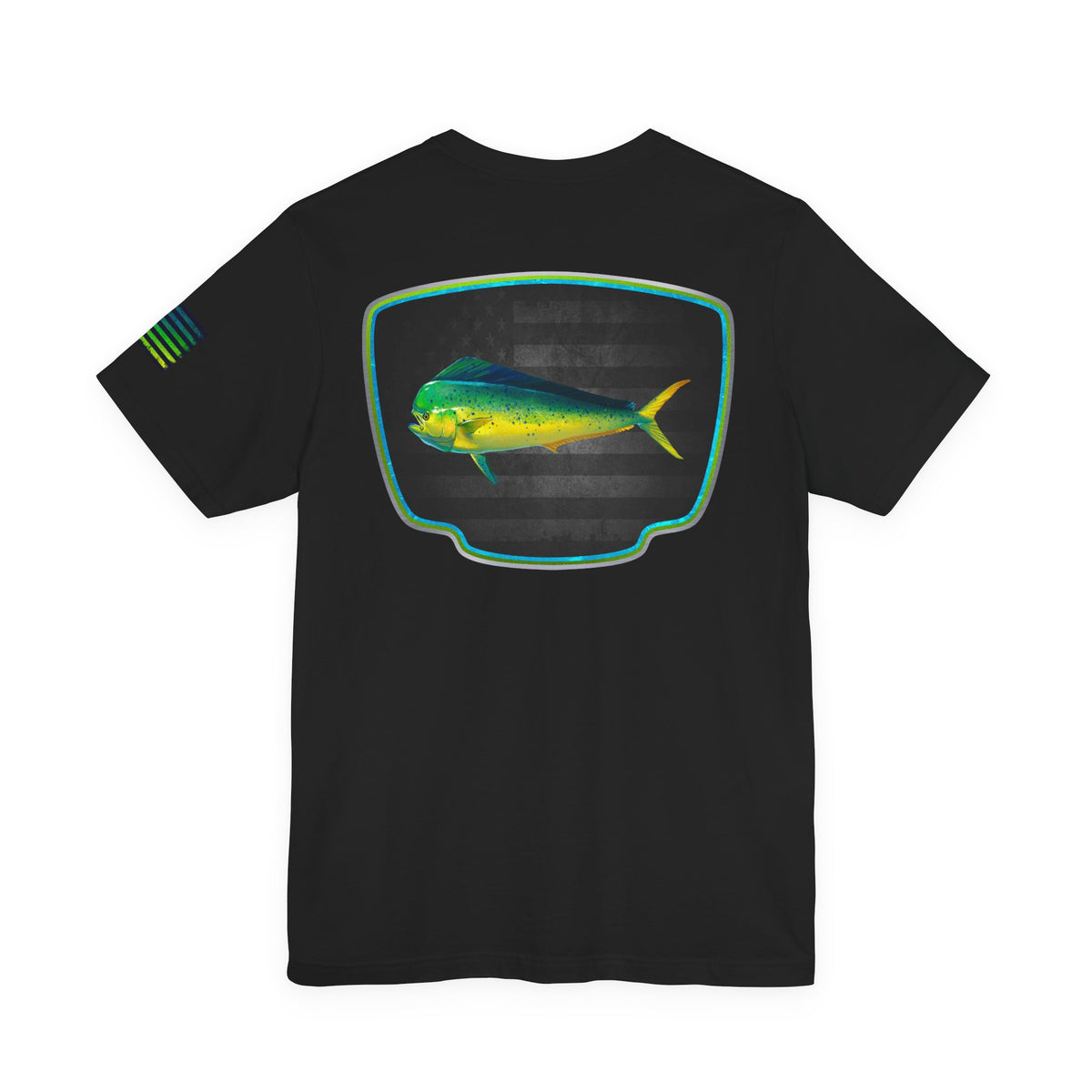 Mahi Mahi Badge Tee with Blackout Flag – Patriotic Saltwater Fishing Shirt