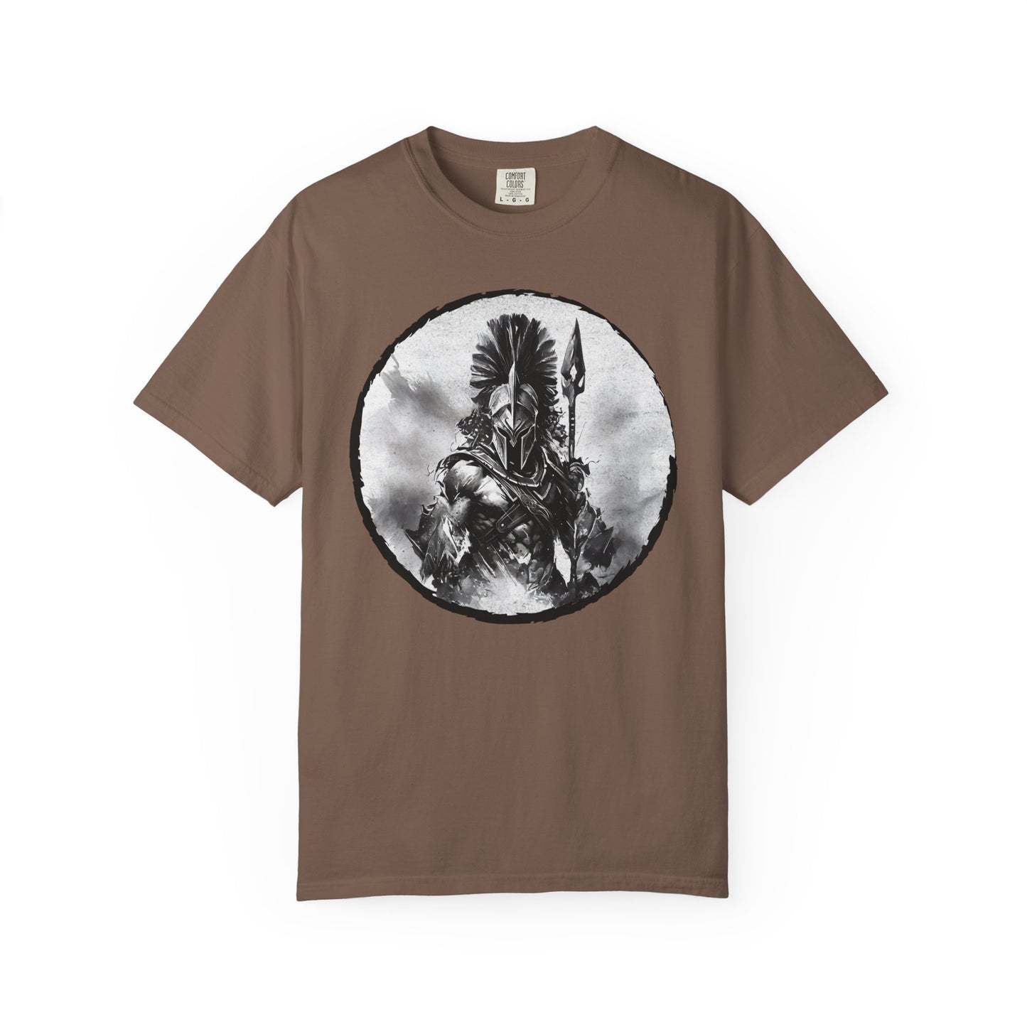 Spartan Warrior T-Shirt – Greek Helmet Circle Design Front & Spear Back | Warrior Graphic Tee