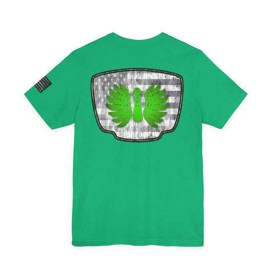 Duck Skull Hunting Badge T-Shirt – Mossy Camo Print, Crossed Guns & Duck Skull Graphic