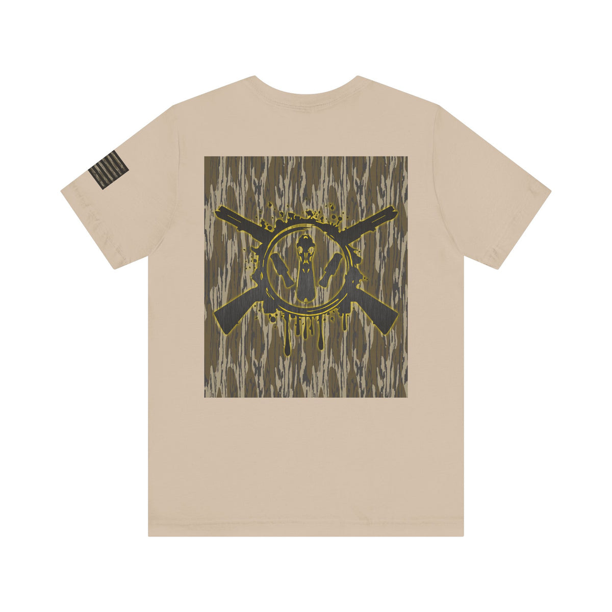 Duck Hunting Badge T-Shirt – Mossy Camo Print, Crossed Guns & Duck Skull Graphic