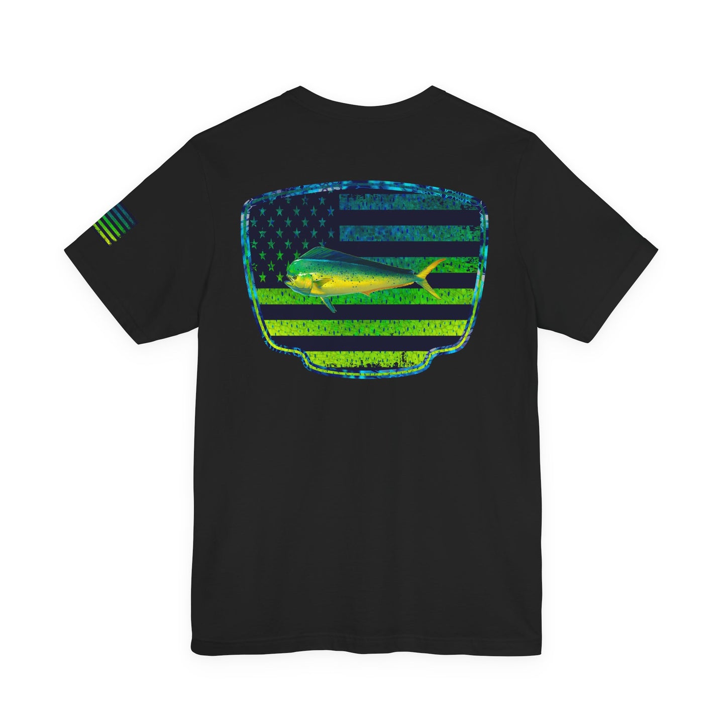 Patriotic Mahi Mahi Flag Tee – Grunge Fishing Badge Shirt for Outdoor Lovers