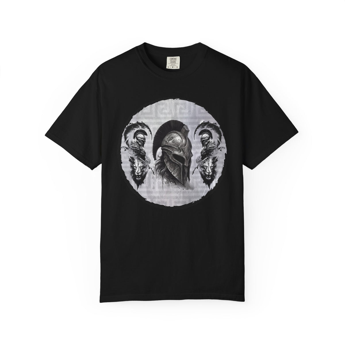 Spartan Warrior T-Shirt – Greek Helmet Circle Design Front & Spear Back | Warrior Graphic Tee