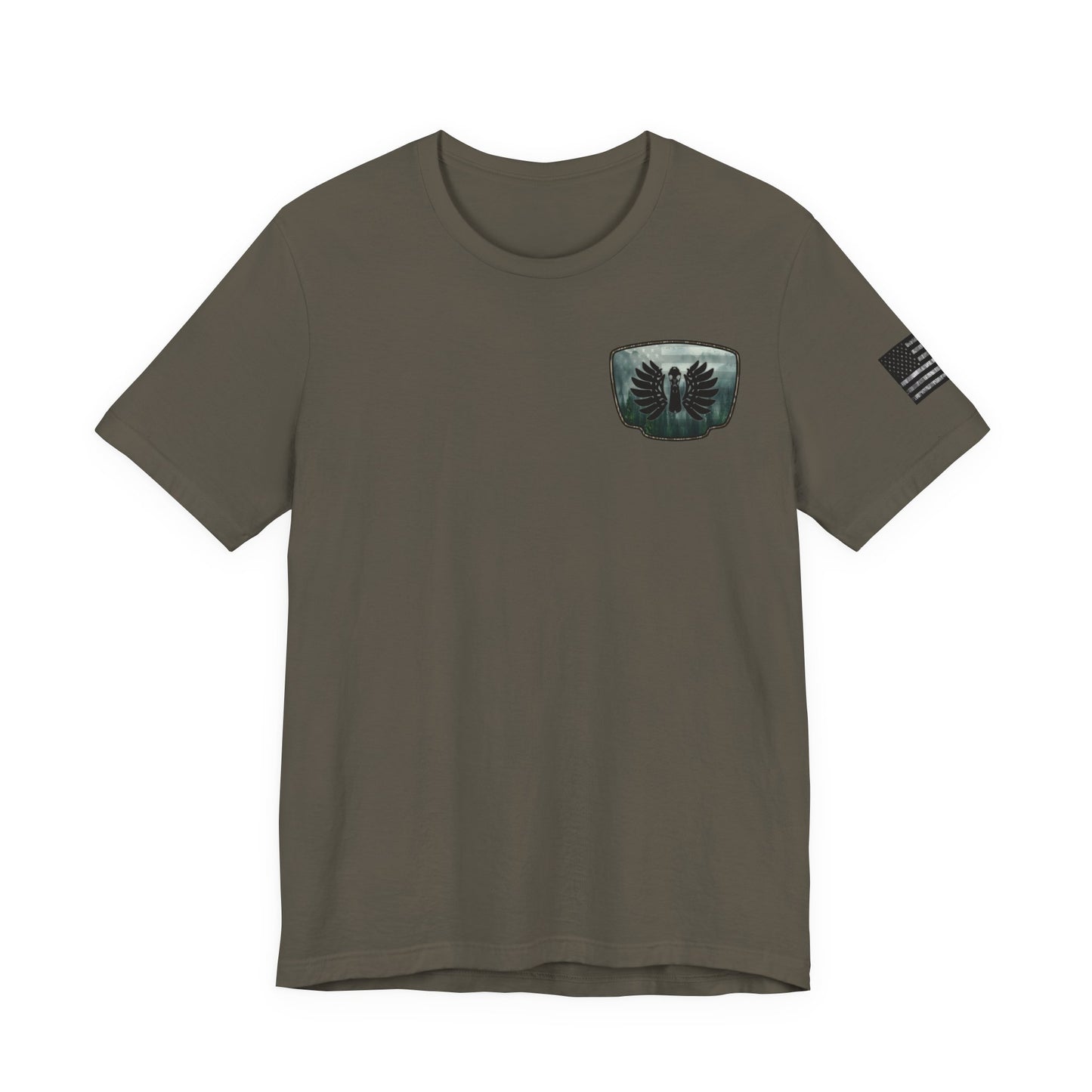 The Forest Duck Hunt Badge T-Shirt – Mossy Camo Print, Crossed Guns & Duck Skull Graphic