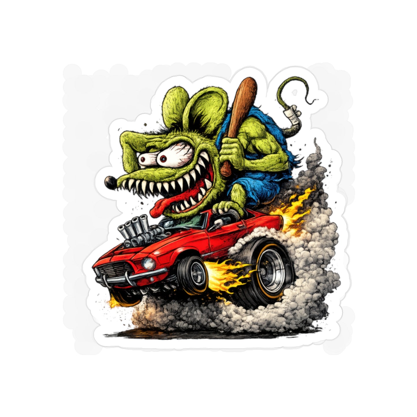 Rat Fink Sticker — Hot Rod Driving Mouse on Red Muscle Car (Outdoor Transparent)