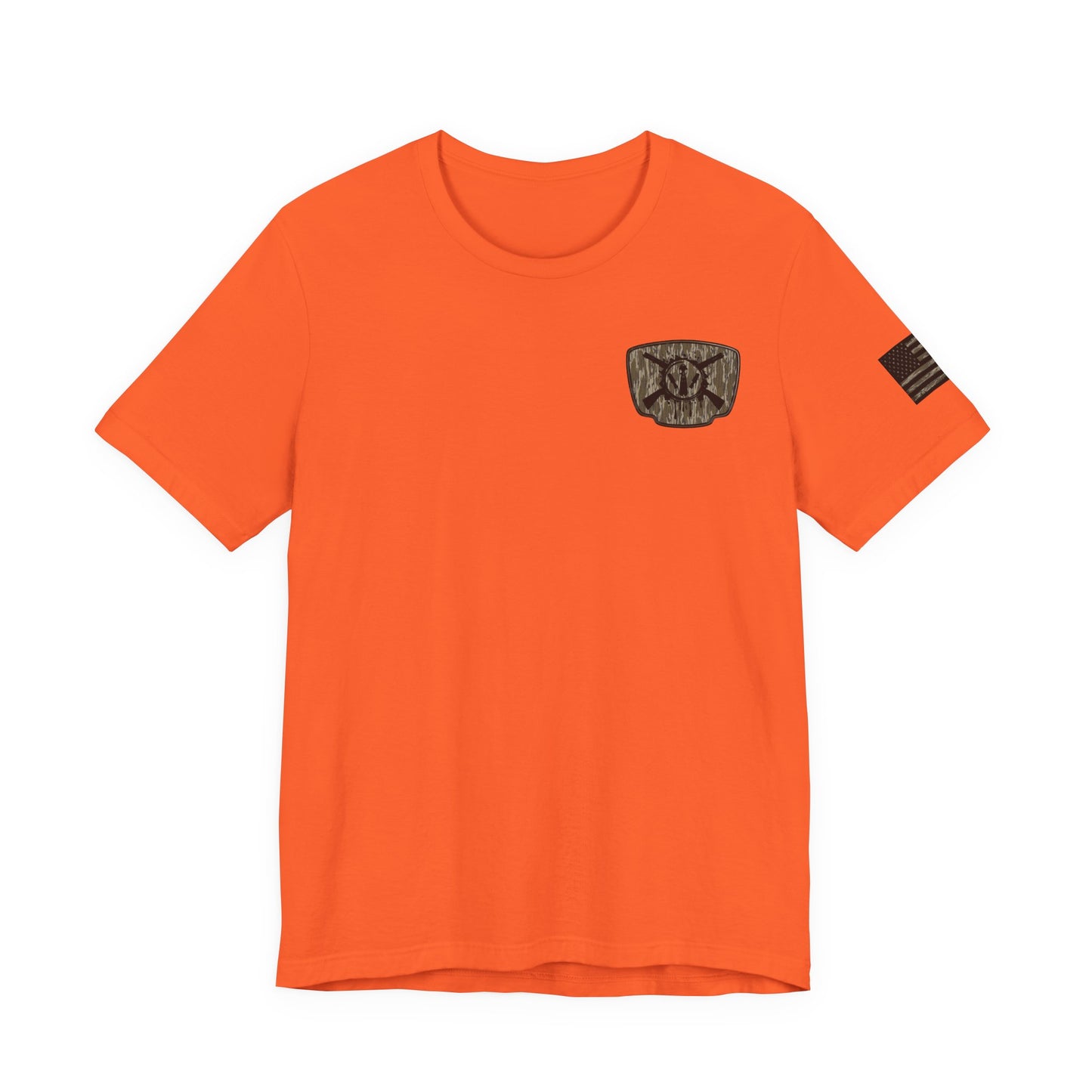 Duck Hunting Badge T-Shirt – Mossy Camo Print, Crossed Guns & Duck Skull Graphic