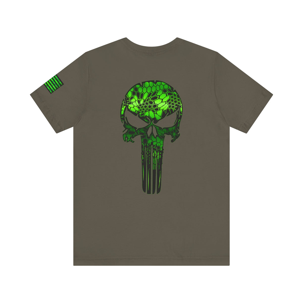 Green Punisher Skull with Hex Camo – Tactical Military Style Grunge Tee