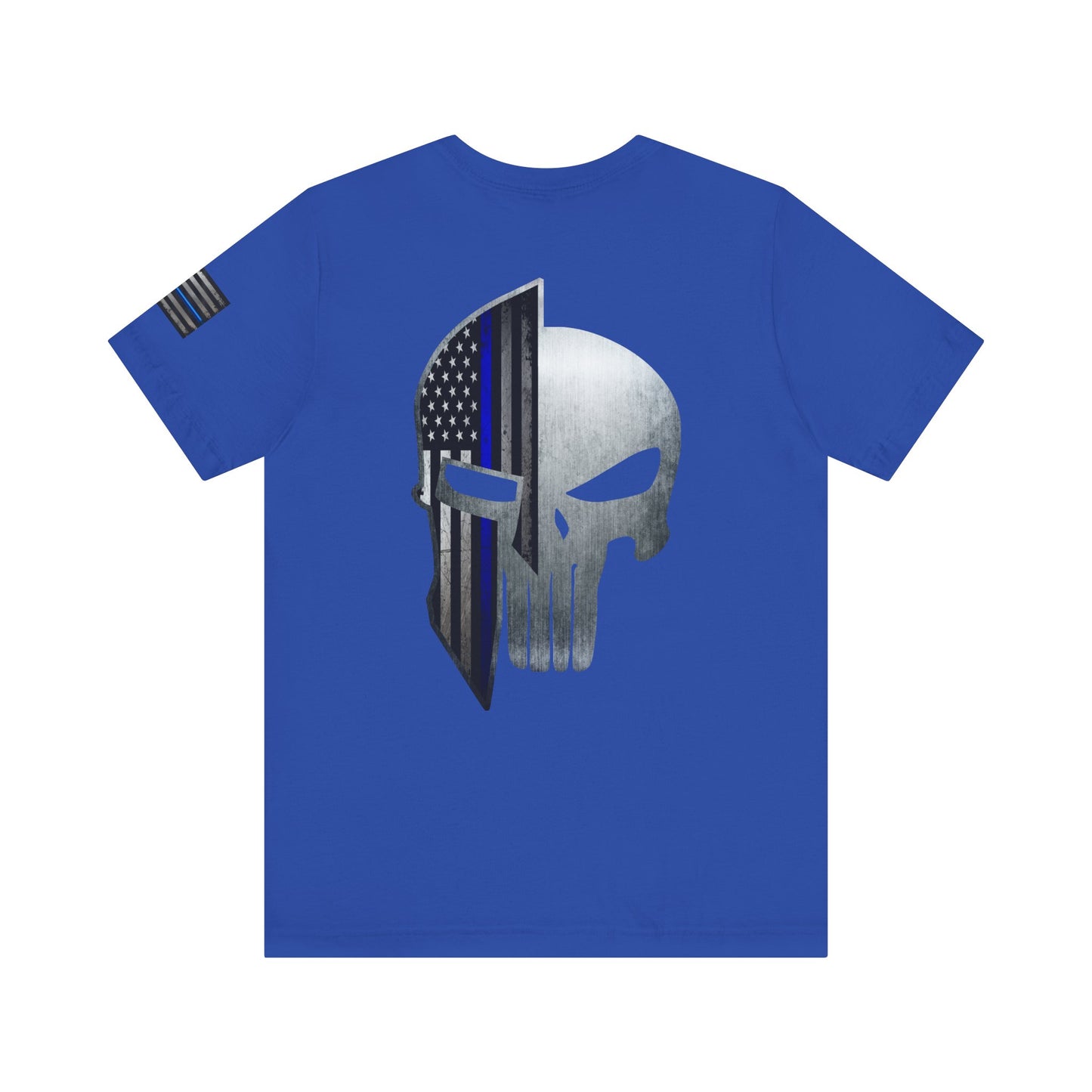 Grunge Metal Spartan Thin Blue Line American Flag T-Shirt – Honor & Valor Police Tribute Tee