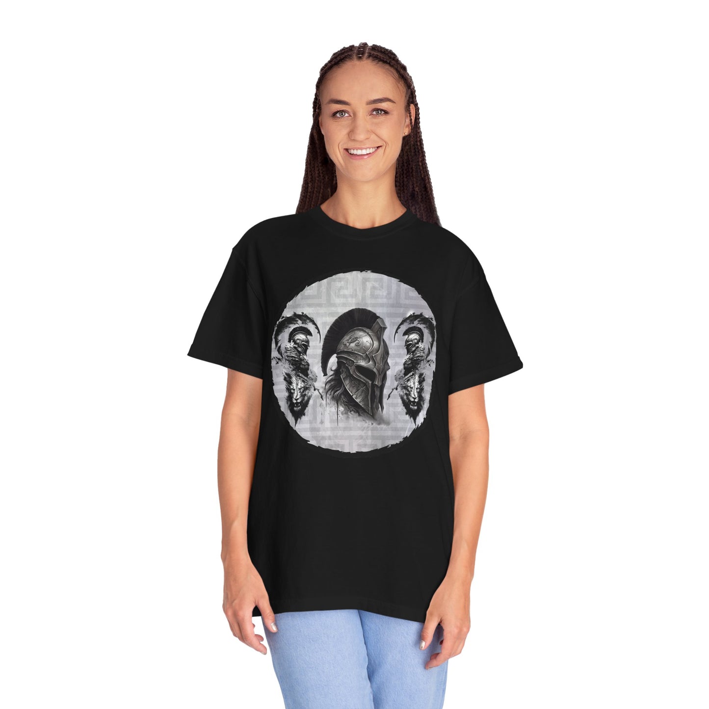 Spartan Warrior T-Shirt – Greek Helmet Circle Design Front & Spear Back | Warrior Graphic Tee