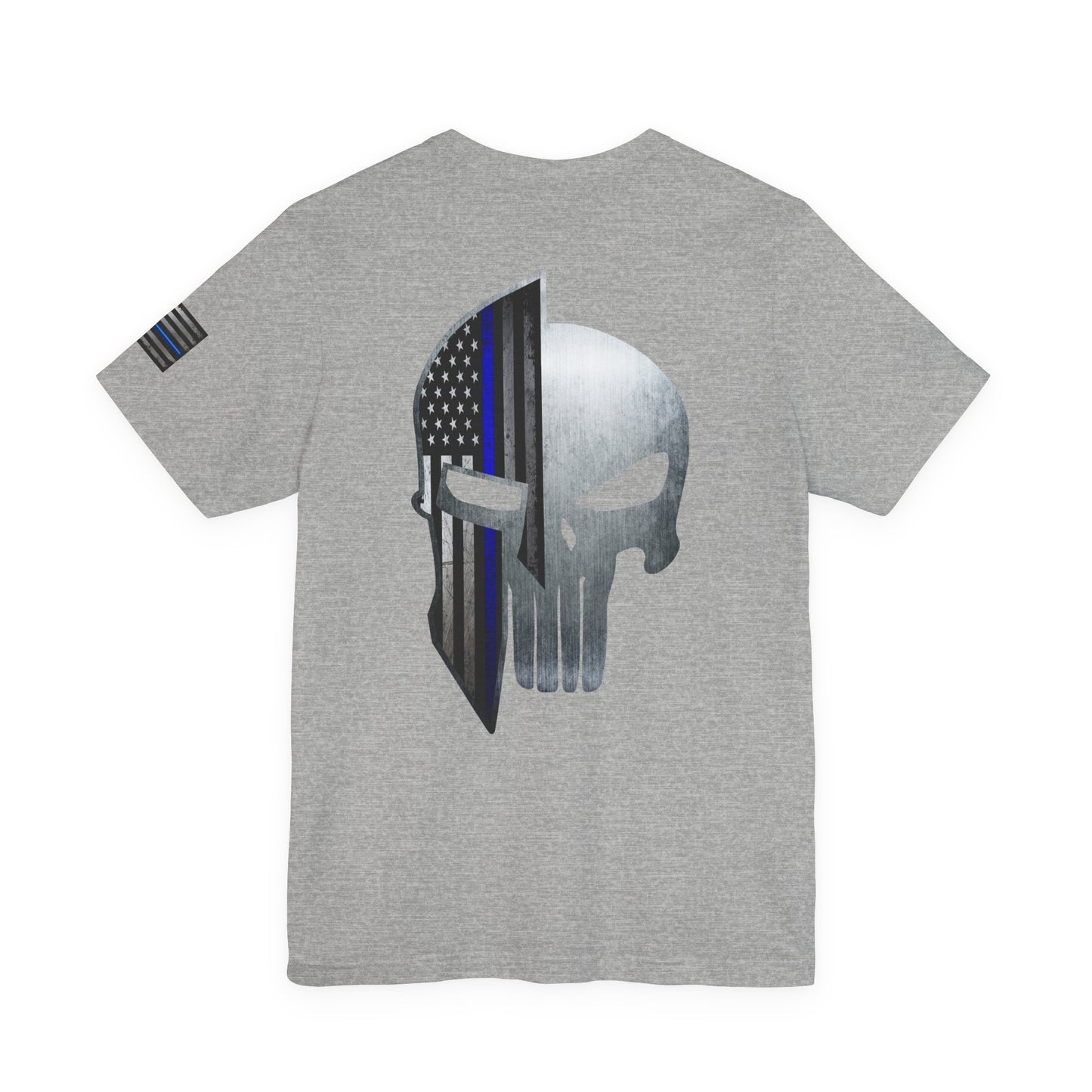 Grunge Metal Spartan Thin Blue Line American Flag T-Shirt – Honor & Valor Police Tribute Tee