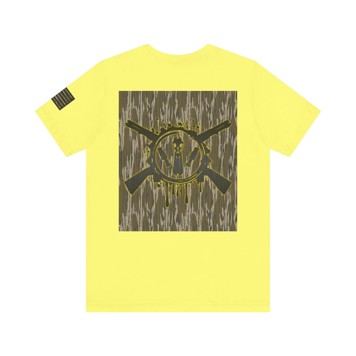 Duck Hunting Badge T-Shirt – Mossy Camo Print, Crossed Guns & Duck Skull Graphic