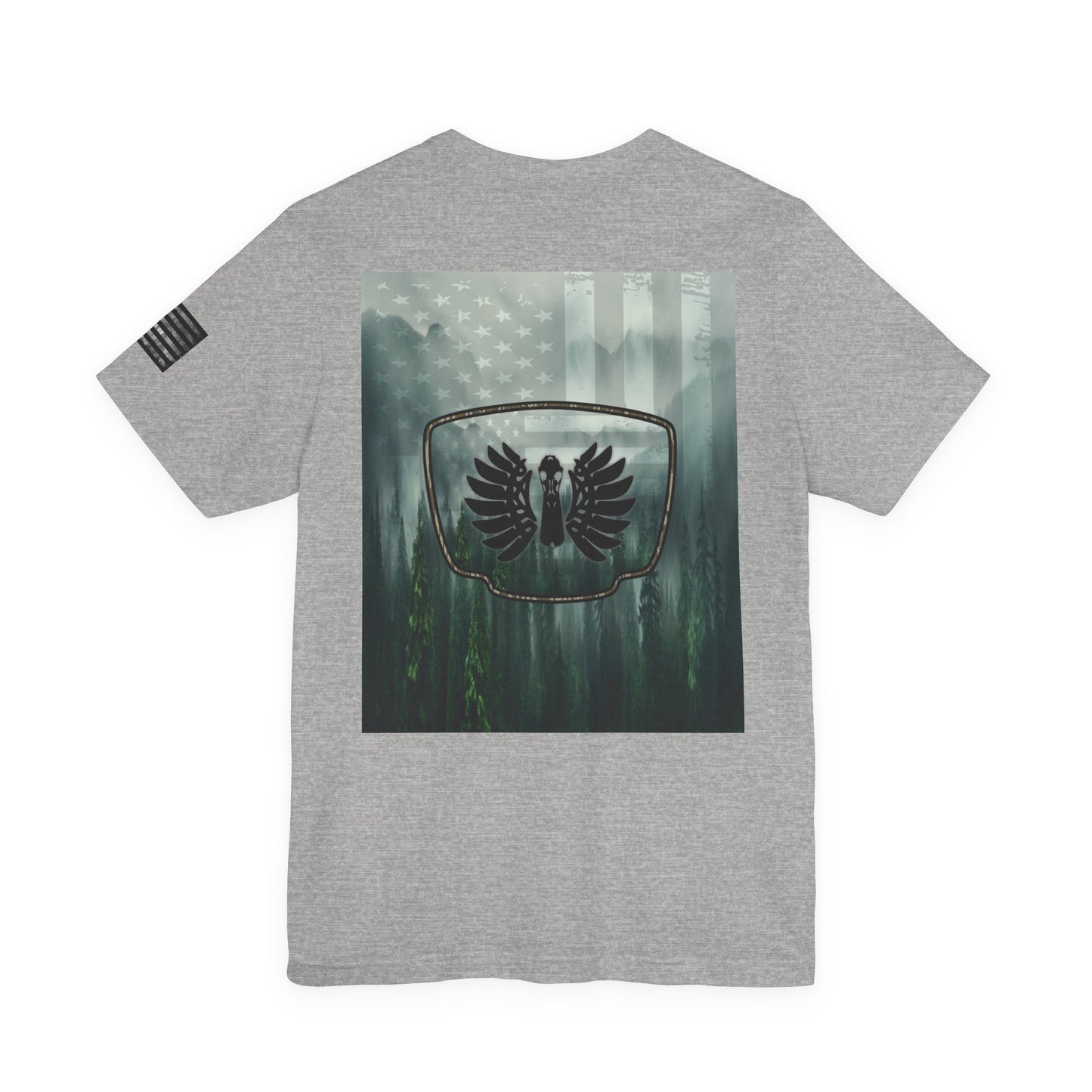 The Forest Duck Hunt Badge T-Shirt – Mossy Camo Print, Crossed Guns & Duck Skull Graphic