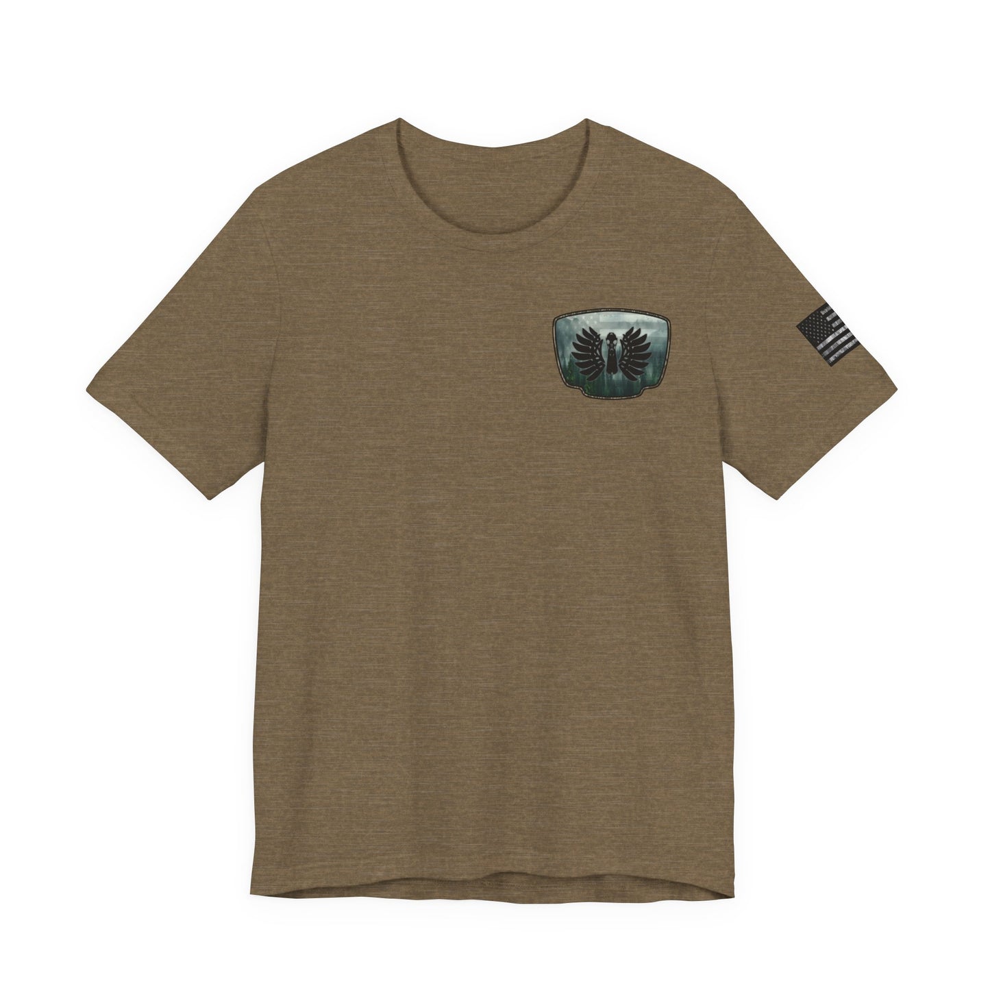 The Forest Duck Hunt Badge T-Shirt – Mossy Camo Print, Crossed Guns & Duck Skull Graphic