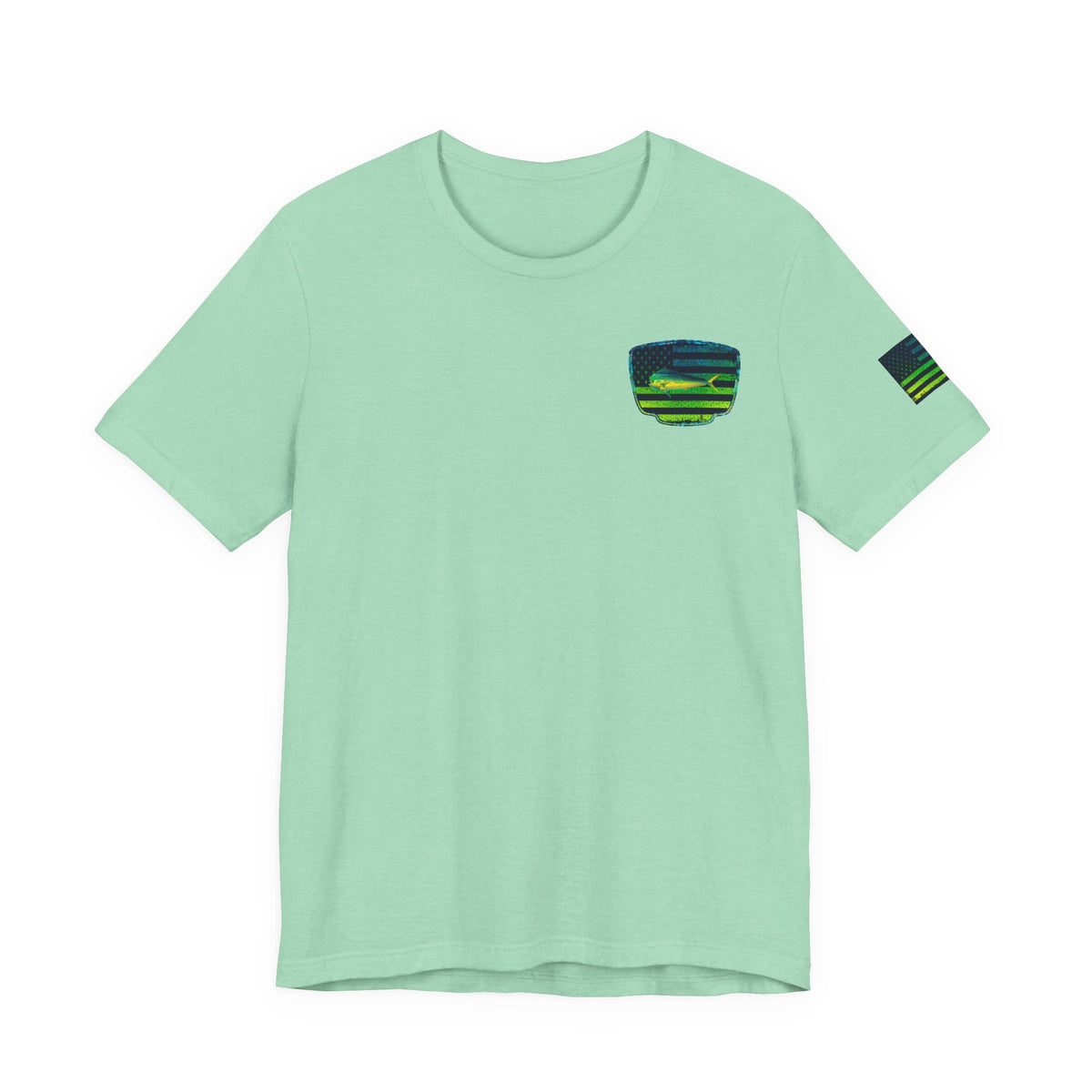 Patriotic Mahi Mahi Flag Tee – Grunge Fishing Badge Shirt for Outdoor Lovers