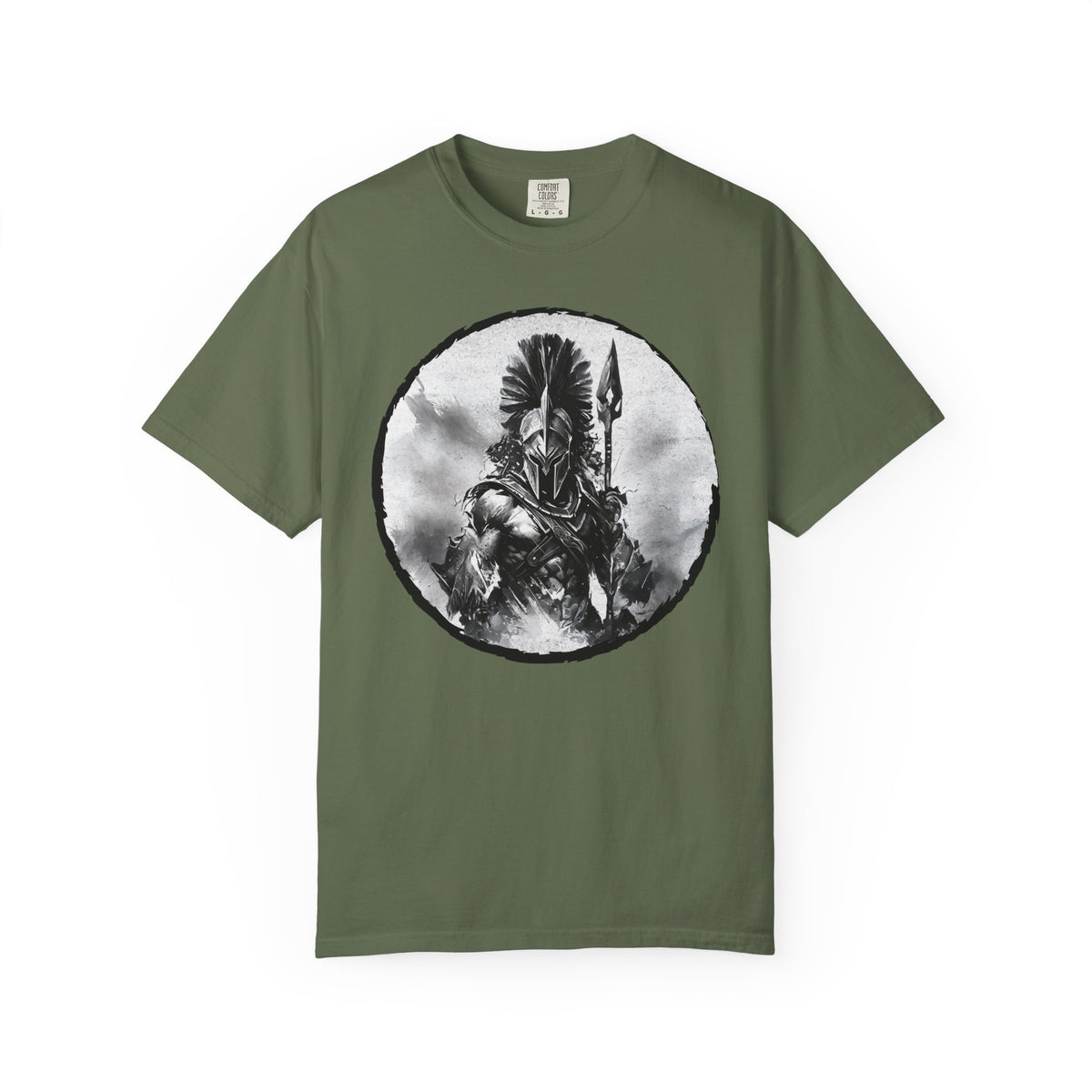 Spartan Warrior T-Shirt – Greek Helmet Circle Design Front & Spear Back | Warrior Graphic Tee