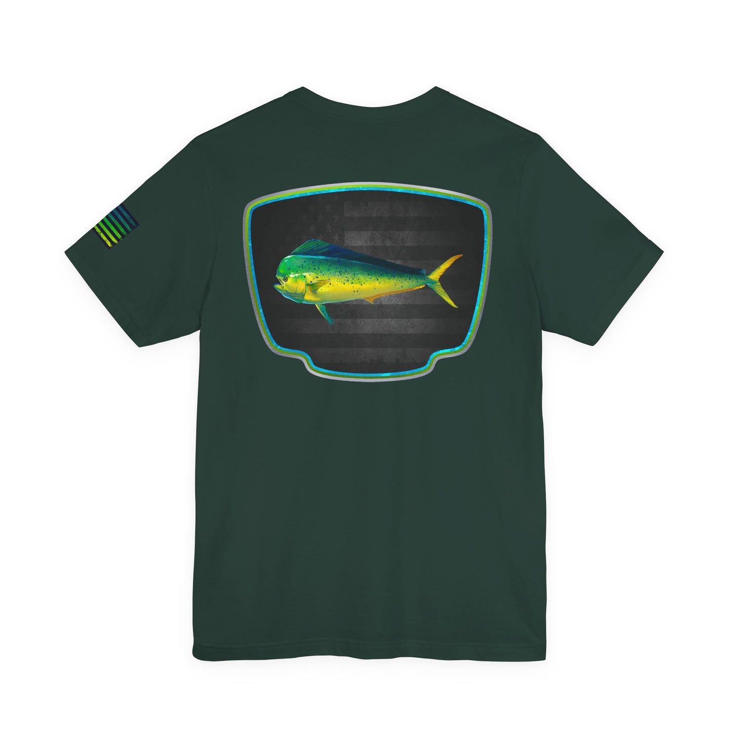 Mahi Mahi Badge Tee with Blackout Flag – Patriotic Saltwater Fishing Shirt