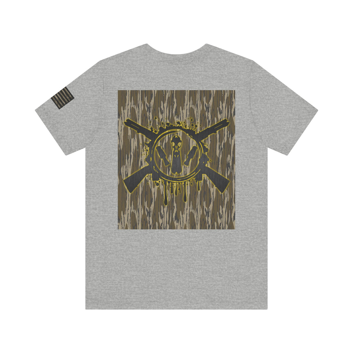 Duck Hunting Badge T-Shirt – Mossy Camo Print, Crossed Guns & Duck Skull Graphic