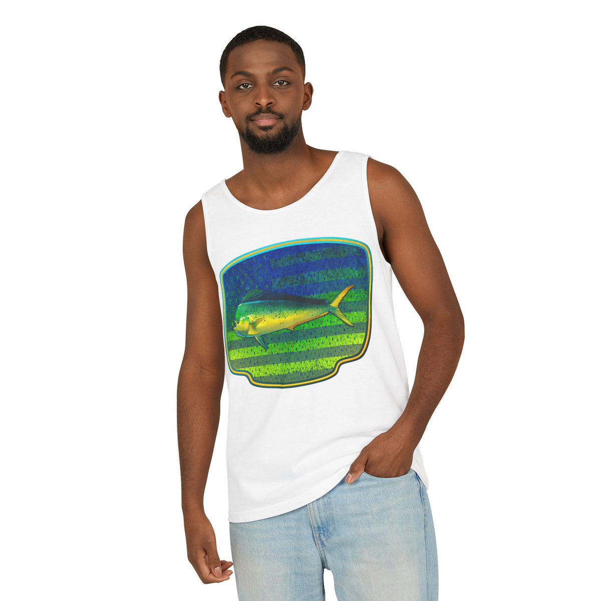American Mahi Mahi Graphic Tank Top, Summer Apparel, Outdoors Shirt, Fishing Gear, Beachwear, Gifts for Anglers