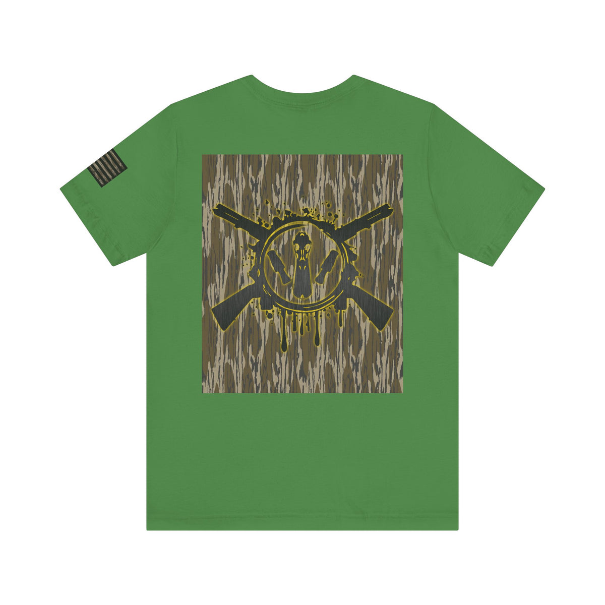 Duck Hunting Badge T-Shirt – Mossy Camo Print, Crossed Guns & Duck Skull Graphic