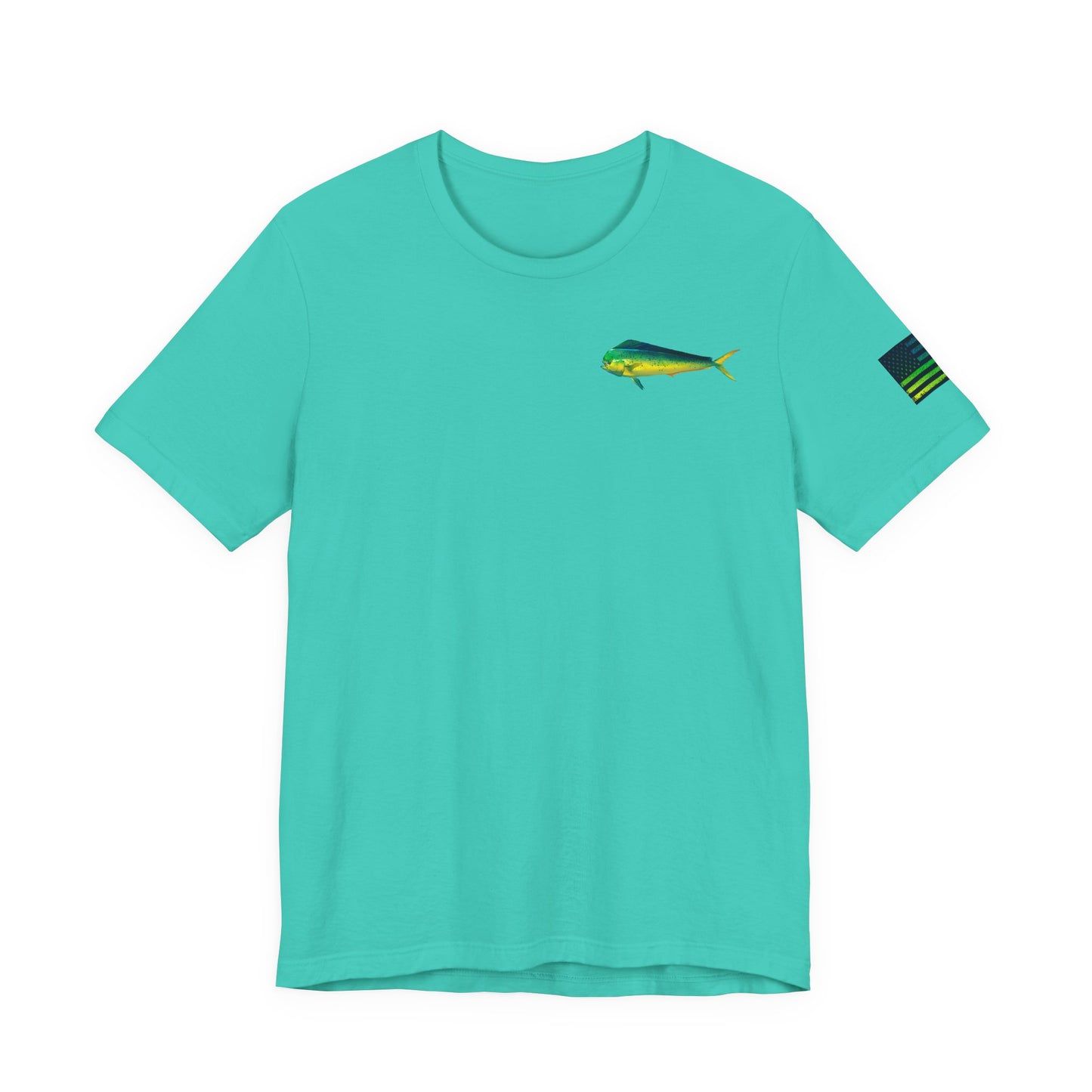 Mahi Mahi Badge Tee with Blackout Flag – Patriotic Saltwater Fishing Shirt