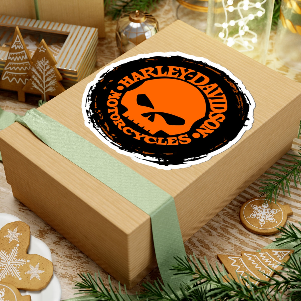 Harley Skull Biker Emblem | Bold Orange Motorcycle Graphic for Decals, Shirts, or Garage Art, ArtKiss-Cut Stickers