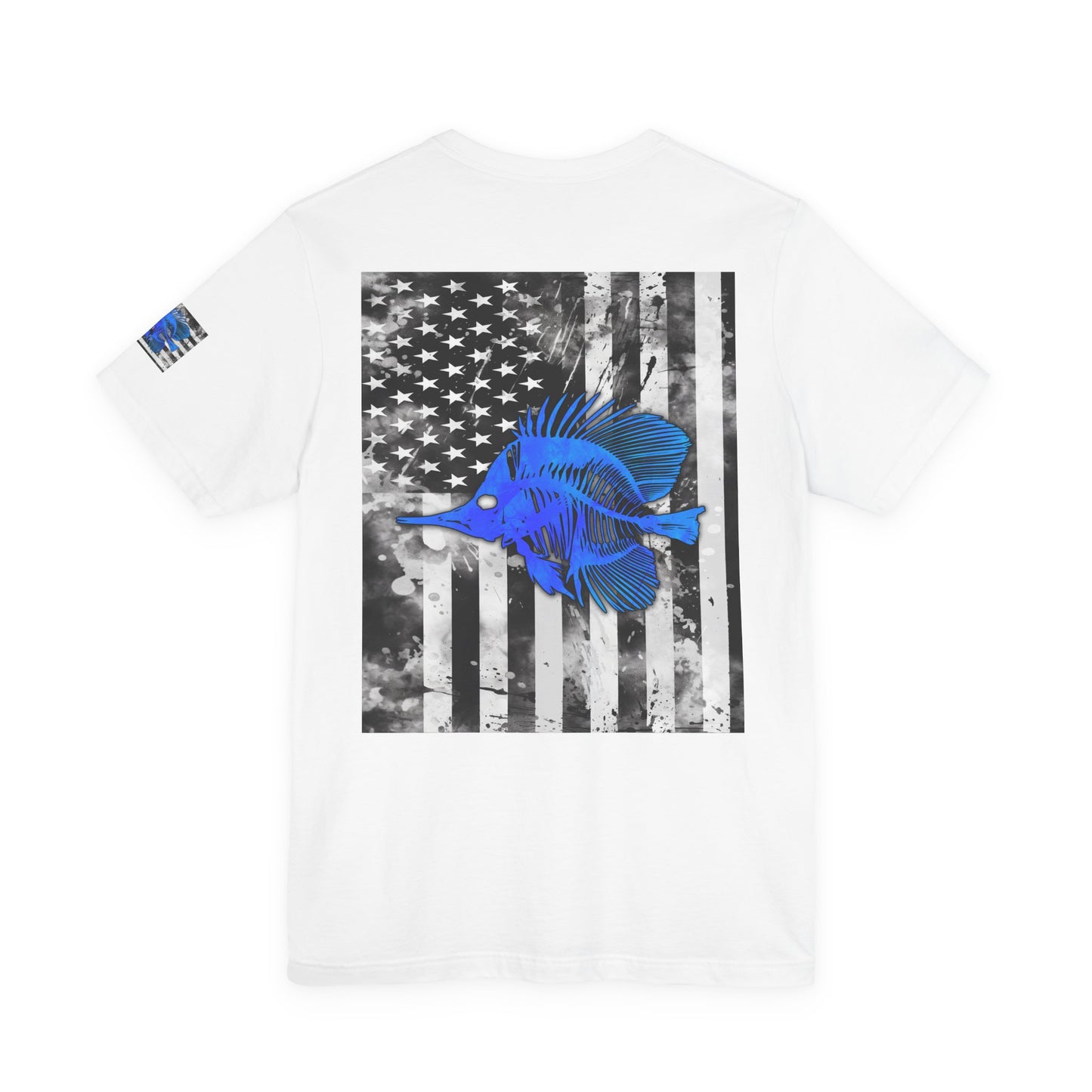 Blue Fish Skeleton Grunge American Flag Tee, Patriotic USA Shirt, Vintage American Flag
