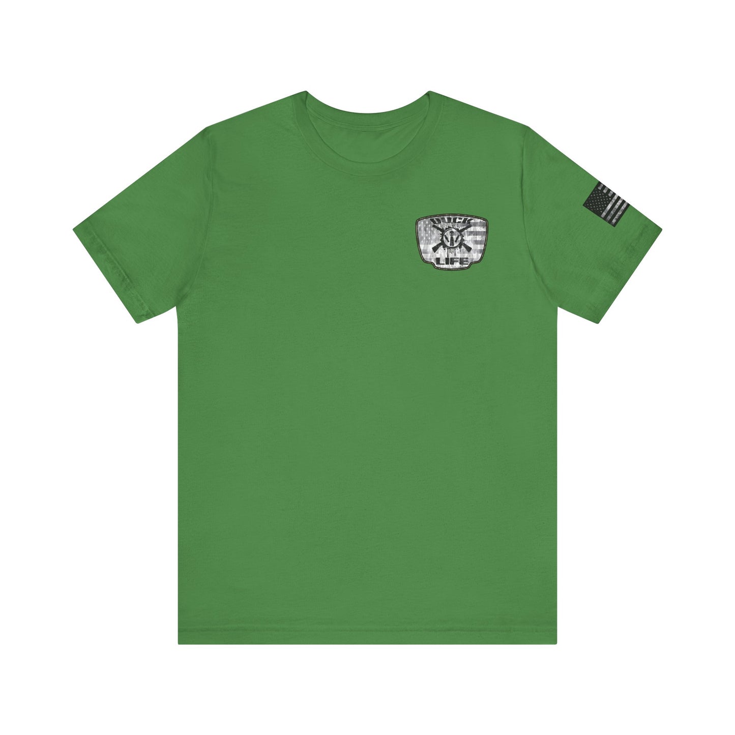 White American Flag Duck Hunting Badge T-Shirt – Mossy Camo Print, Crossed Guns & Duck Skull Graphic