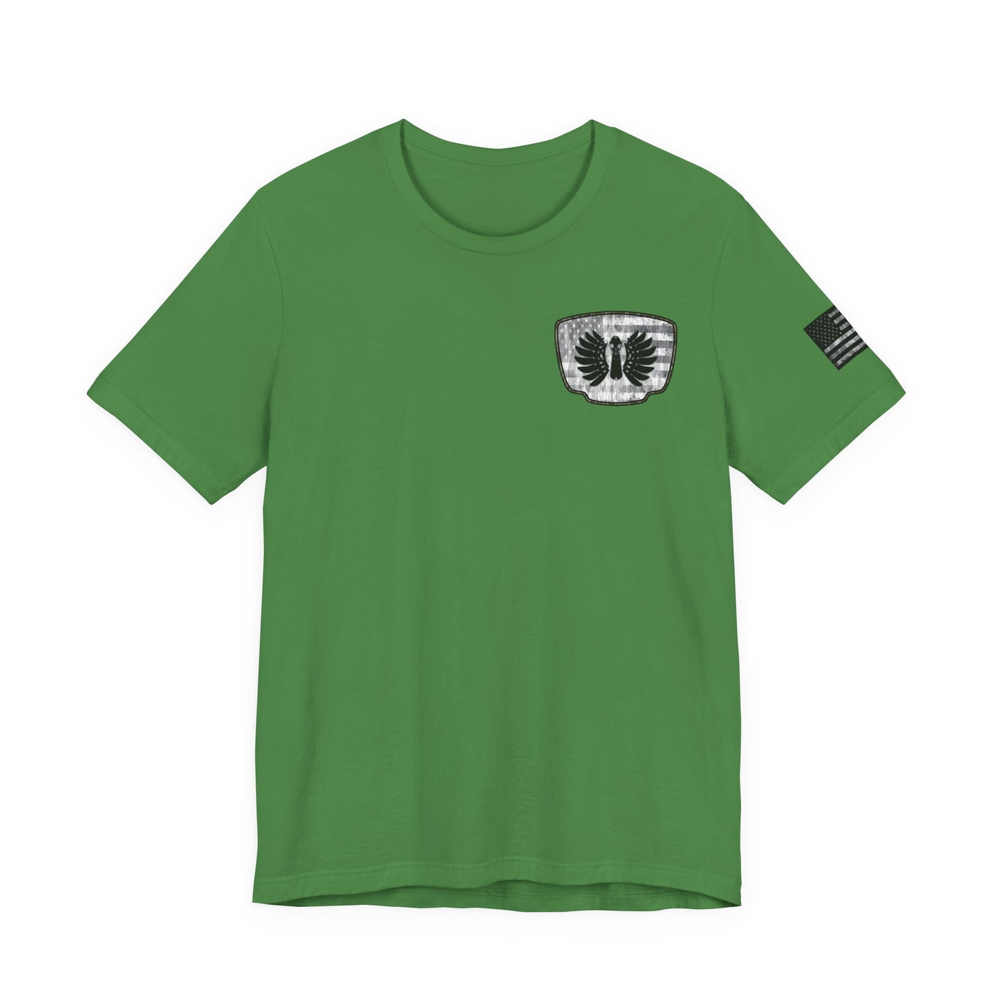 Duck Hunting American Flag Badge T-Shirt – Mossy Camo Print, Crossed Guns & Duck Skull Graphic