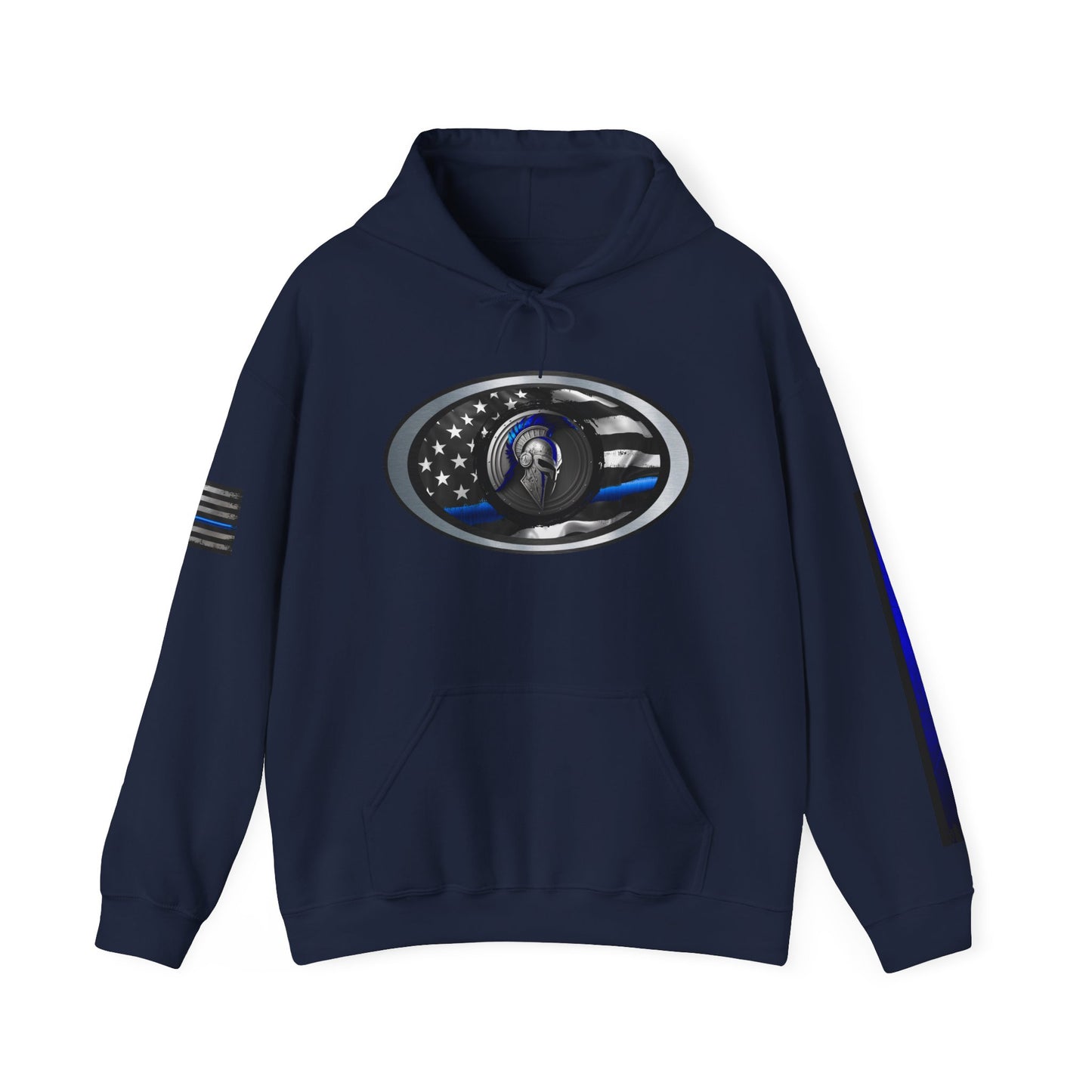 Spartan Thin Blue Line Flag Hoodie – Warrior Helmet Patriotic Sweatshirt for Police Supporters