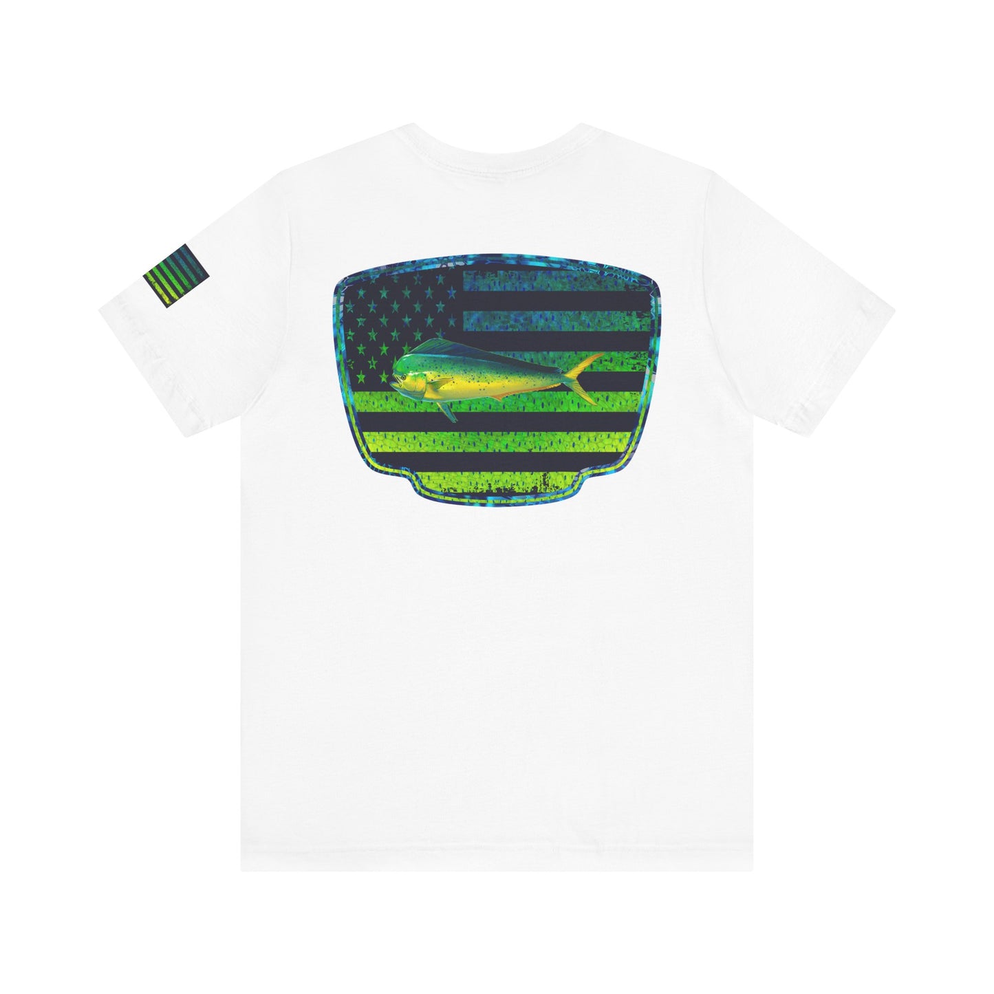 Patriotic Mahi Mahi Flag Tee – Grunge Fishing Badge Shirt for Outdoor Lovers