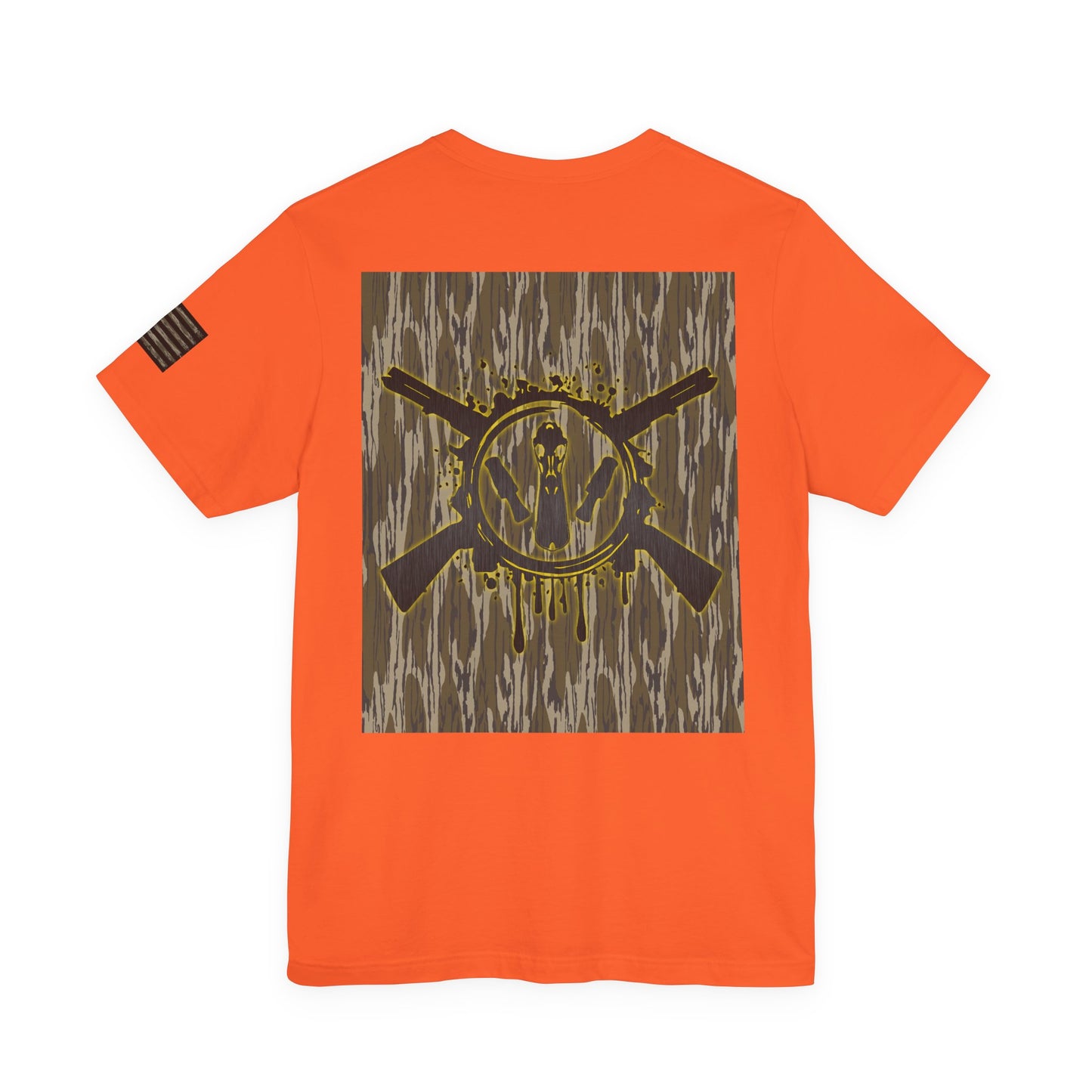 Duck Hunting Badge T-Shirt – Mossy Camo Print, Crossed Guns & Duck Skull Graphic