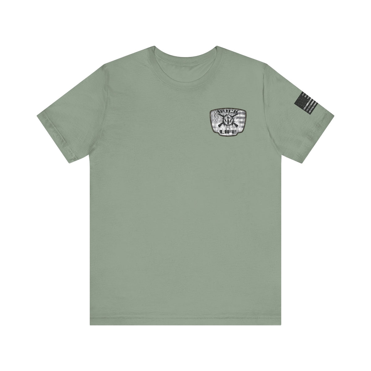 White American Flag Duck Hunting Badge T-Shirt – Mossy Camo Print, Crossed Guns & Duck Skull Graphic