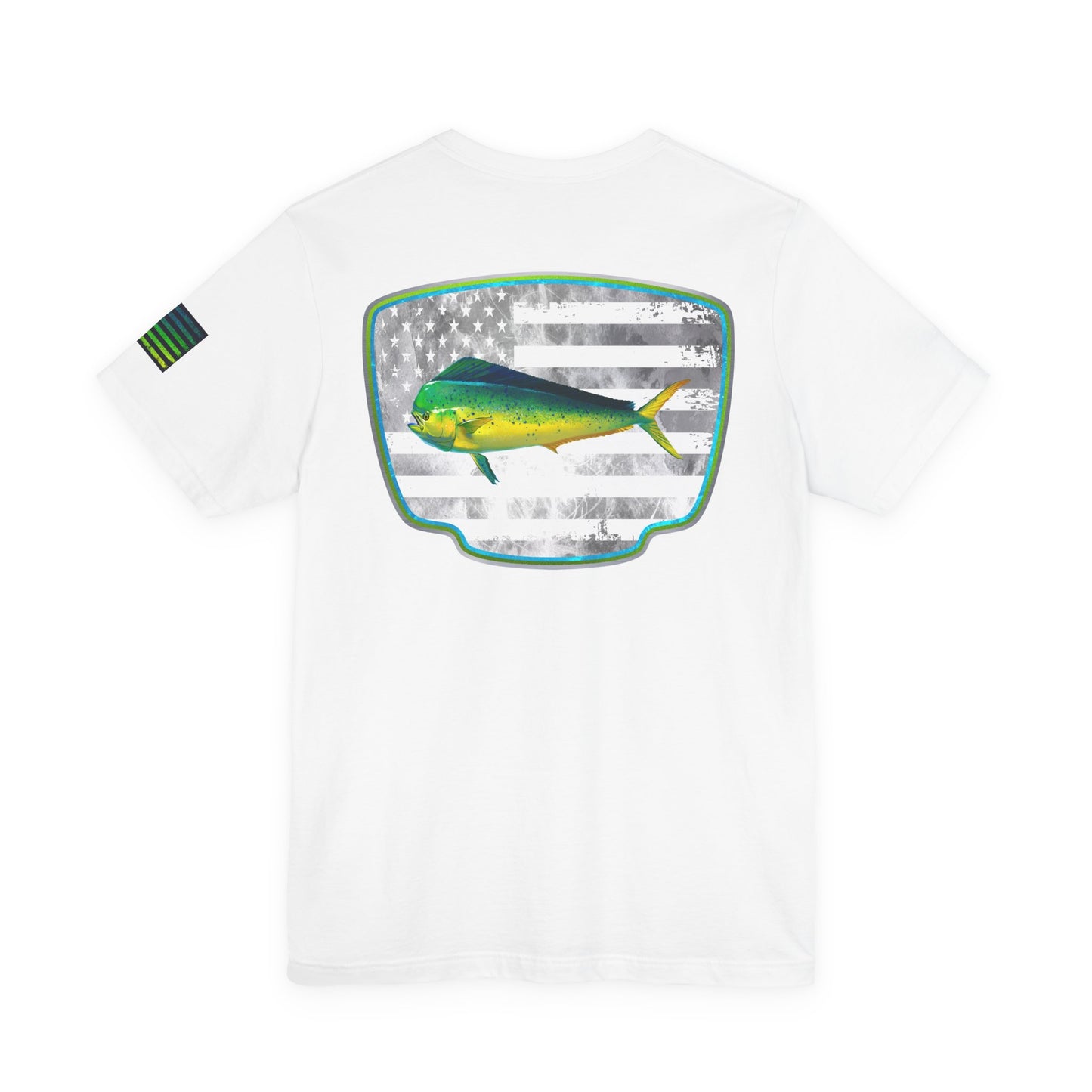 Mahi Mahi Sunglass Badge Tee – White Distressed Flag Fishing Shirt